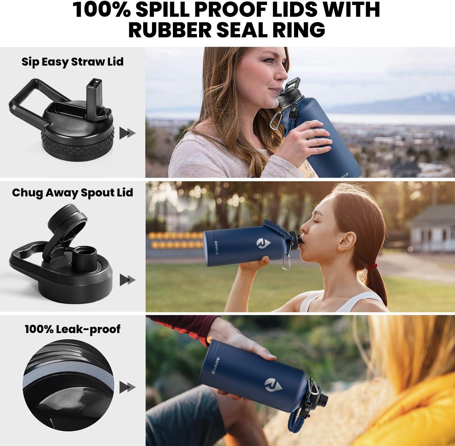 imageInsulated Water Bottle 64 oz Triple Wall Vacuum Stainless Steel Cold for 48 Hrs Leak Proof ampamp NonBPA Half Gallon Water Flask Jug with Paracord Handle ampamp Straw Spout LidsNavy Blue