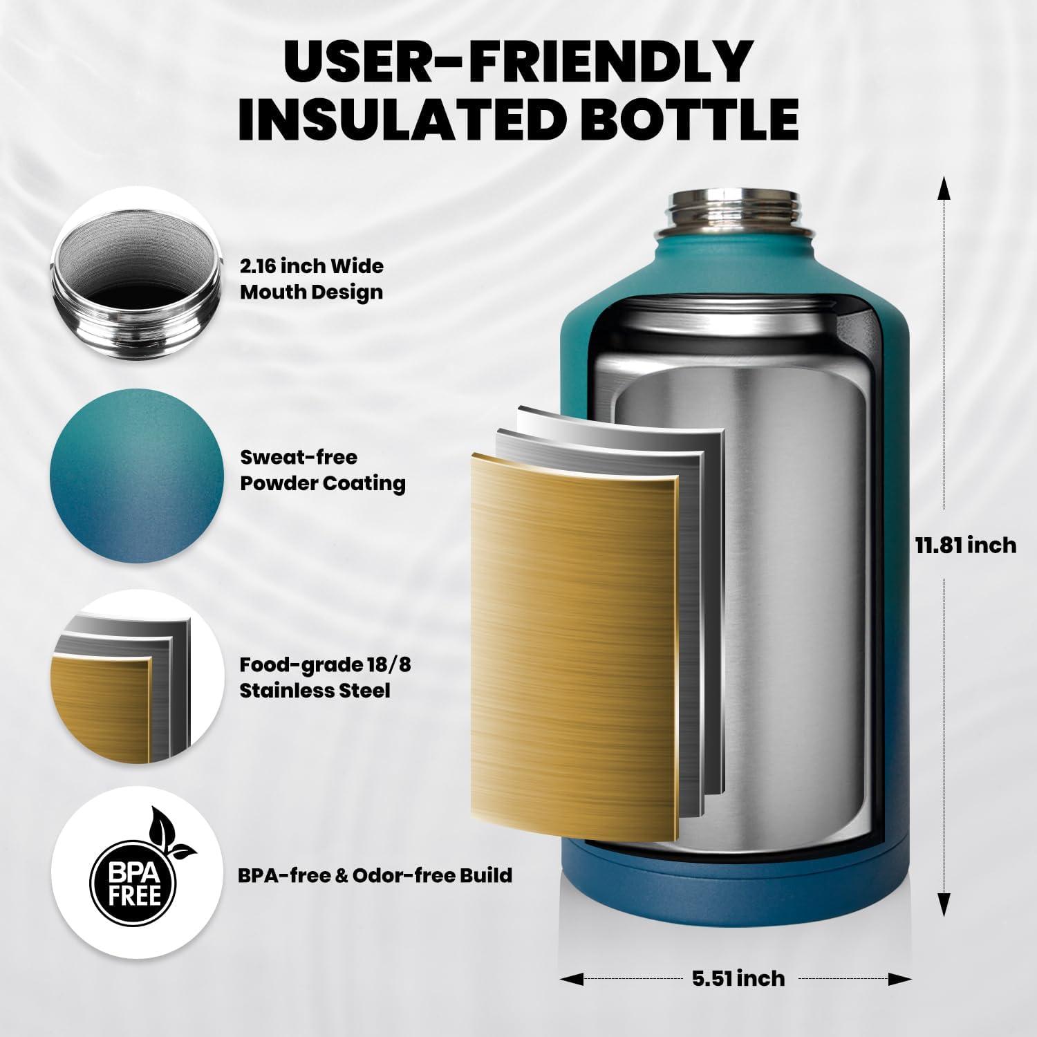 imageInsulated Water Bottle 64 oz Triple Wall Vacuum Stainless Steel Cold for 48 Hrs Leak Proof ampamp NonBPA Half Gallon Water Flask Jug with Paracord Handle ampamp Straw Spout LidsCyan Blue