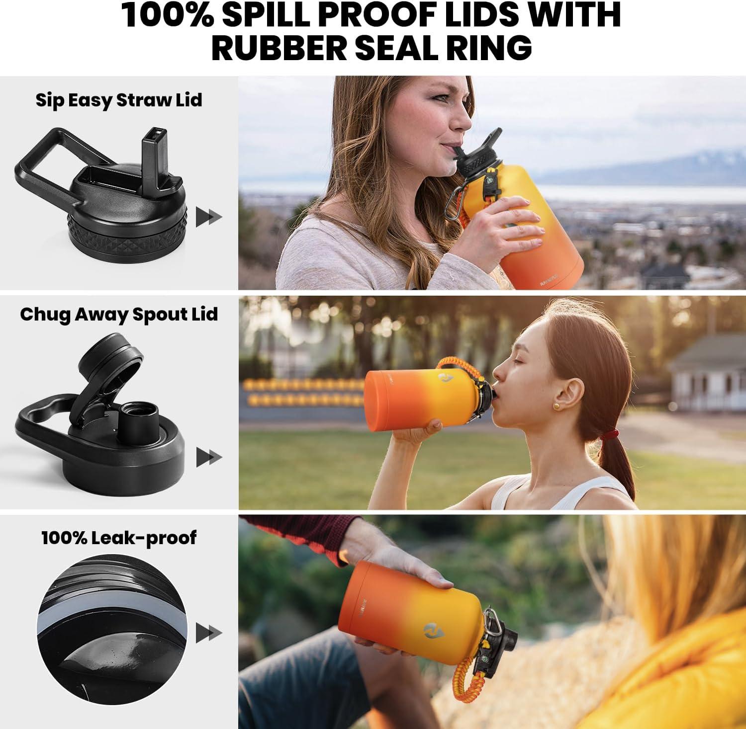 imageInsulated Water Bottle 64 oz Triple Wall Vacuum Stainless Steel Cold for 48 Hrs Leak Proof ampamp NonBPA Half Gallon Water Flask Jug with Paracord Handle ampamp Straw Spout LidsOmbre Orange