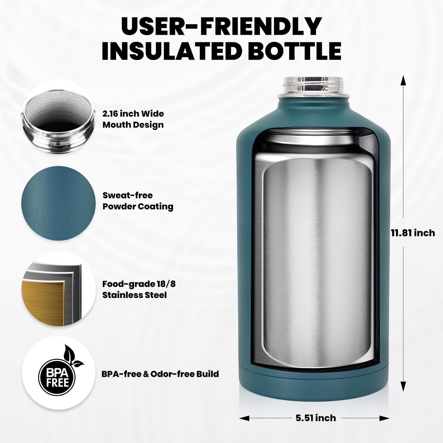 imageInsulated Water Bottle 64 oz Triple Wall Vacuum Stainless Steel Cold for 48 Hrs Leak Proof ampamp NonBPA Half Gallon Water Flask Jug with Paracord Handle ampamp Straw Spout LidsDark Green