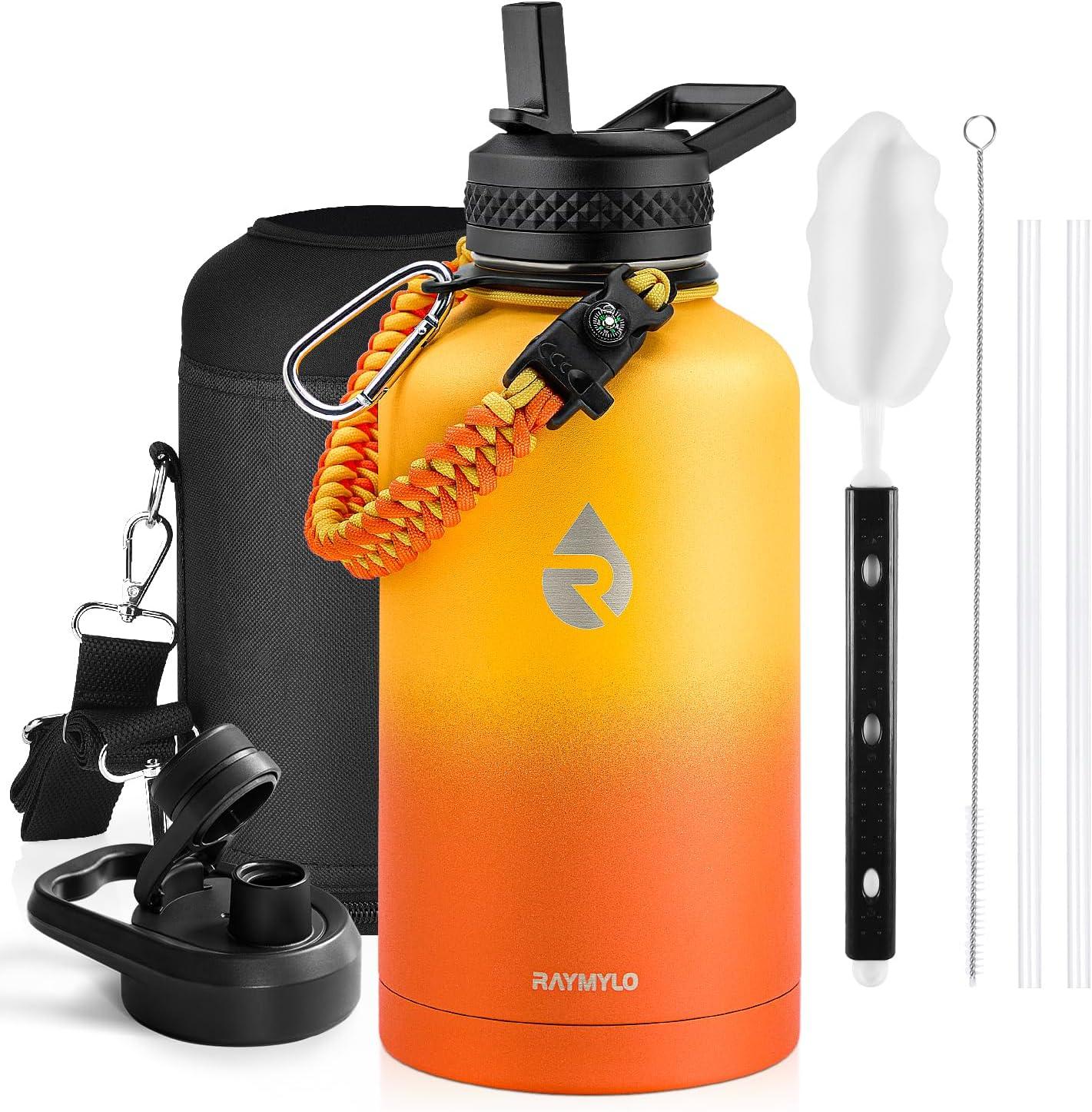 imageInsulated Water Bottle 64 oz Triple Wall Vacuum Stainless Steel Cold for 48 Hrs Leak Proof ampamp NonBPA Half Gallon Water Flask Jug with Paracord Handle ampamp Straw Spout LidsOmbre Orange
