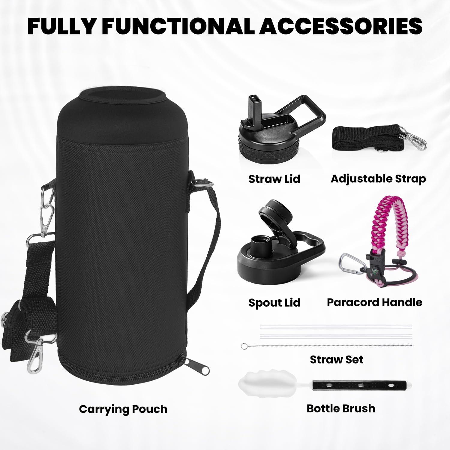 imageInsulated Water Bottle 64 oz Triple Wall Vacuum Stainless Steel Cold for 48 Hrs Leak Proof ampamp NonBPA Half Gallon Water Flask Jug with Paracord Handle ampamp Straw Spout LidsOmbre Pink