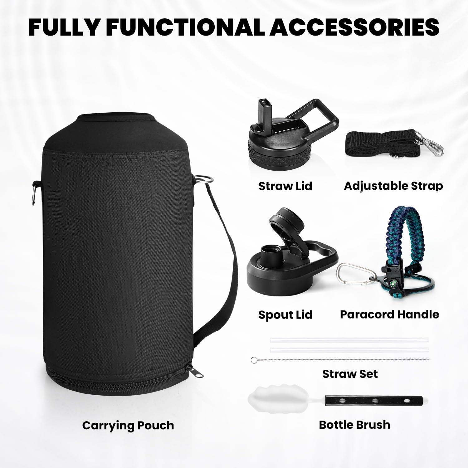 imageInsulated Water Bottle 64 oz Triple Wall Vacuum Stainless Steel Cold for 48 Hrs Leak Proof ampamp NonBPA Half Gallon Water Flask Jug with Paracord Handle ampamp Straw Spout LidsCyan Blue