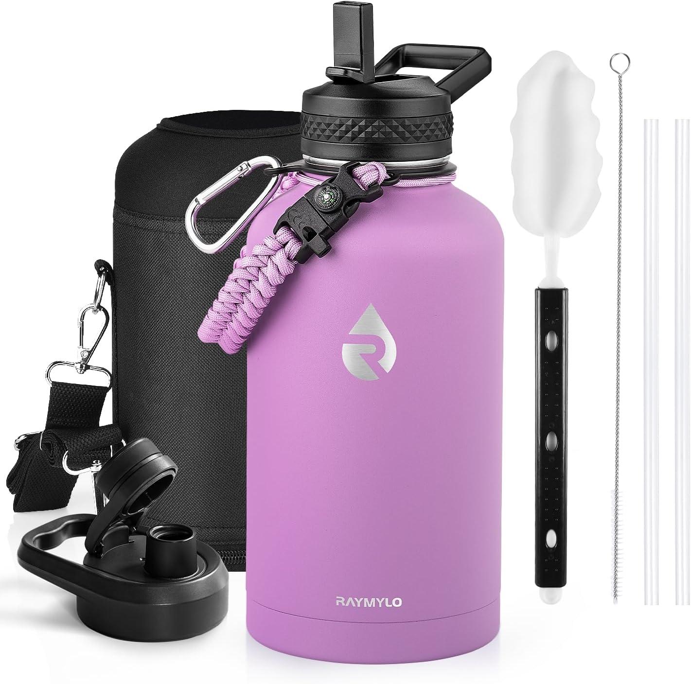 imageInsulated Water Bottle 64 oz Triple Wall Vacuum Stainless Steel Cold for 48 Hrs Leak Proof ampamp NonBPA Half Gallon Water Flask Jug with Paracord Handle ampamp Straw Spout LidsLilac