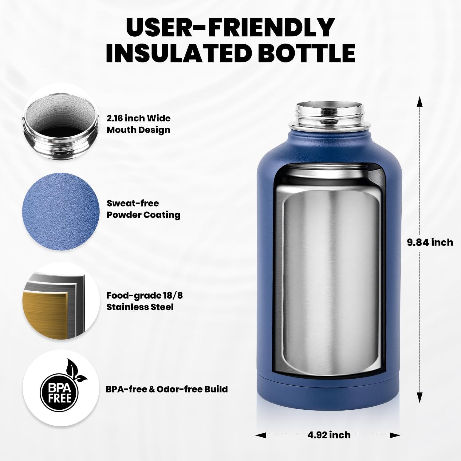 imageInsulated Water Bottle 64 oz Triple Wall Vacuum Stainless Steel Cold for 48 Hrs Leak Proof ampamp NonBPA Half Gallon Water Flask Jug with Paracord Handle ampamp Straw Spout LidsNavy Blue