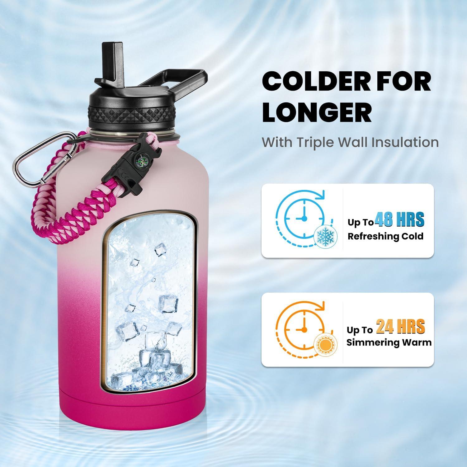 imageInsulated Water Bottle 64 oz Triple Wall Vacuum Stainless Steel Cold for 48 Hrs Leak Proof ampamp NonBPA Half Gallon Water Flask Jug with Paracord Handle ampamp Straw Spout LidsOmbre Pink