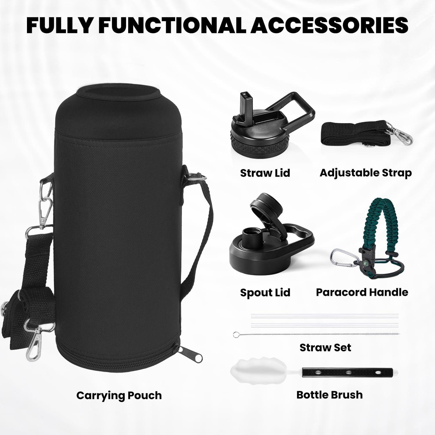 imageInsulated Water Bottle 64 oz Triple Wall Vacuum Stainless Steel Cold for 48 Hrs Leak Proof ampamp NonBPA Half Gallon Water Flask Jug with Paracord Handle ampamp Straw Spout LidsDark Green