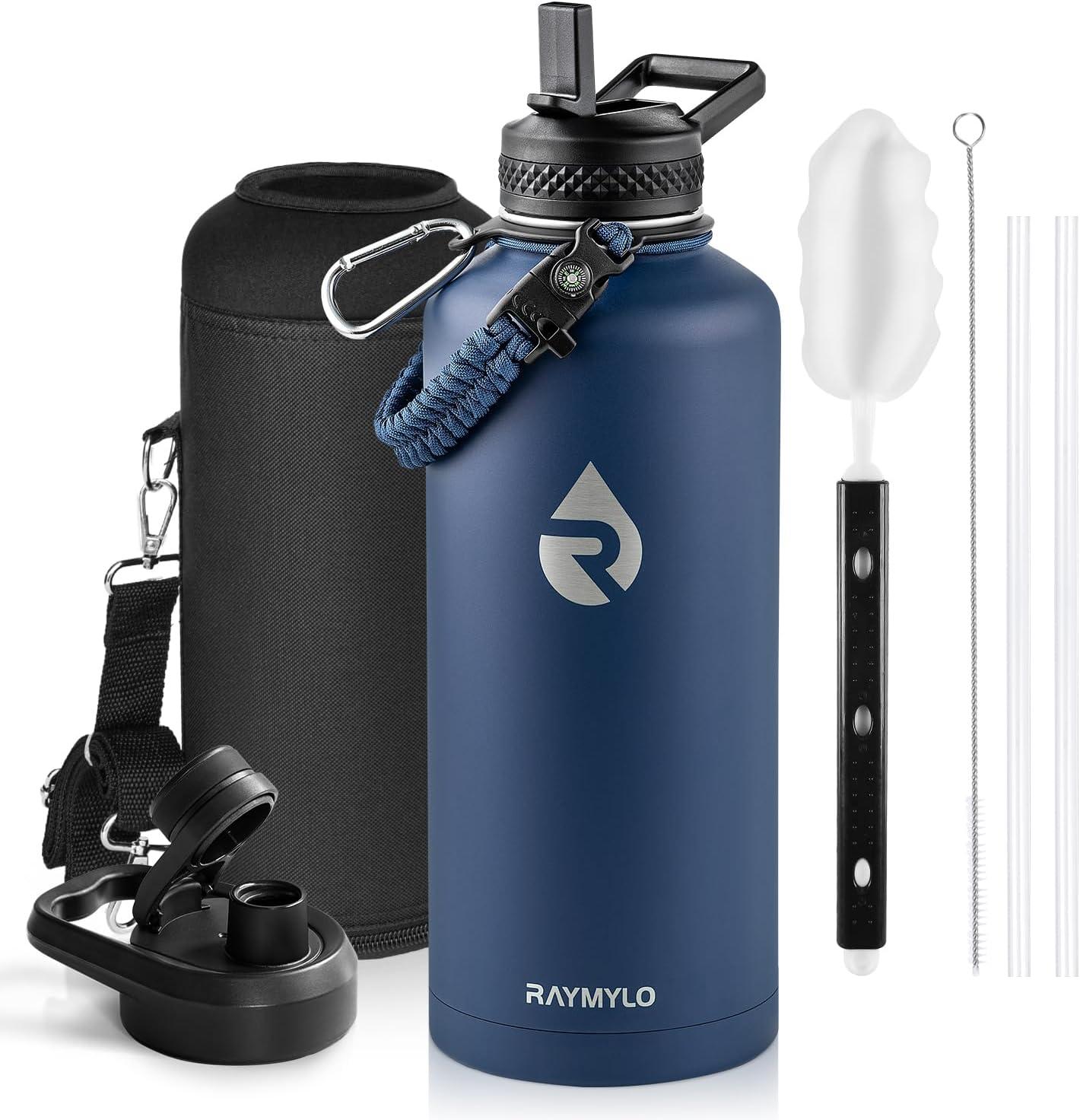imageInsulated Water Bottle 64 oz Triple Wall Vacuum Stainless Steel Cold for 48 Hrs Leak Proof ampamp NonBPA Half Gallon Water Flask Jug with Paracord Handle ampamp Straw Spout LidsNavy Blue