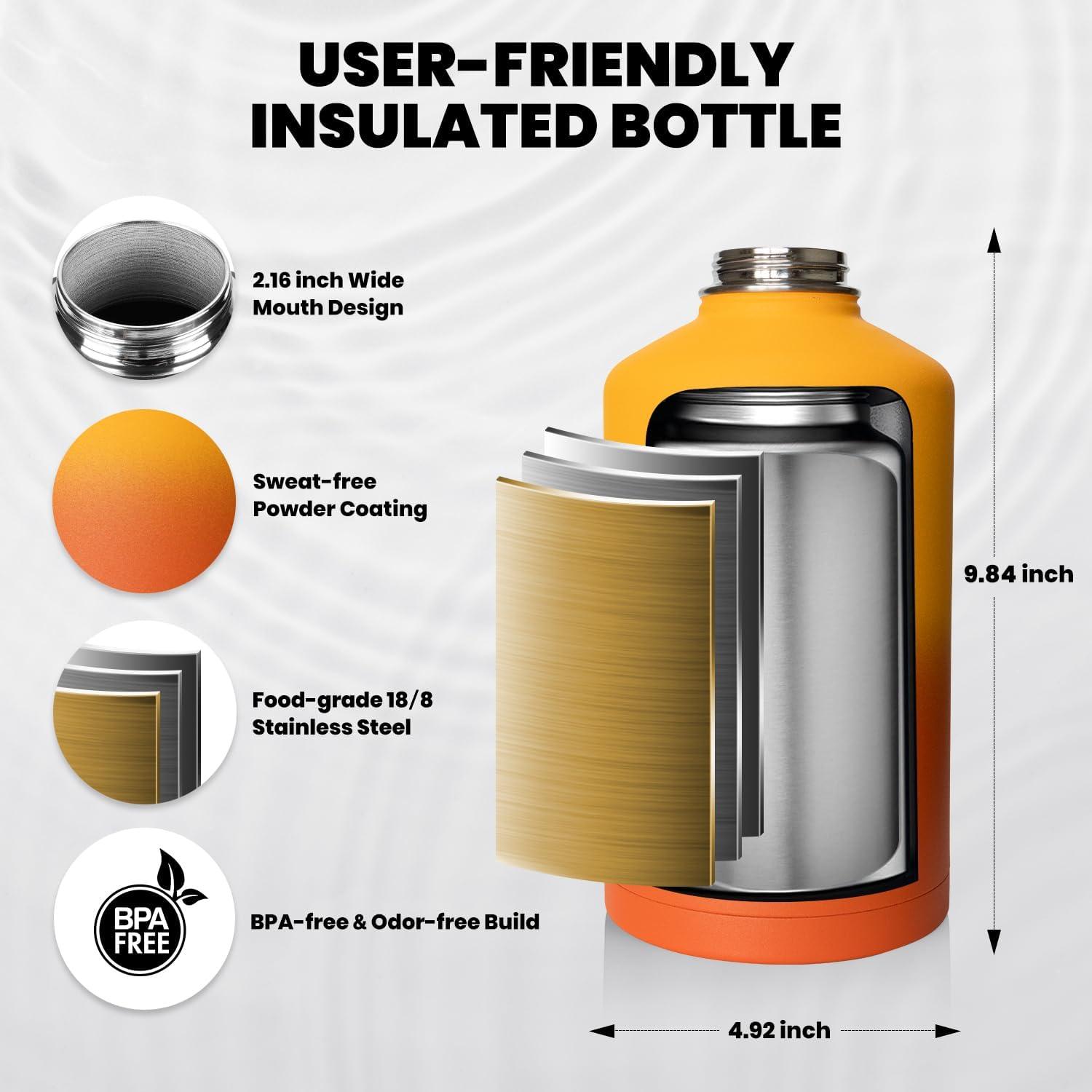 imageInsulated Water Bottle 64 oz Triple Wall Vacuum Stainless Steel Cold for 48 Hrs Leak Proof ampamp NonBPA Half Gallon Water Flask Jug with Paracord Handle ampamp Straw Spout LidsOmbre Orange