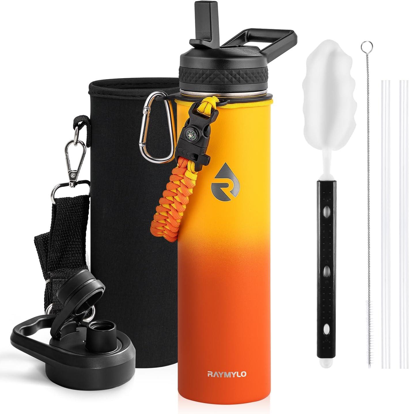 imageInsulated Water Bottle 64 oz Triple Wall Vacuum Stainless Steel Cold for 48 Hrs Leak Proof ampamp NonBPA Half Gallon Water Flask Jug with Paracord Handle ampamp Straw Spout LidsOmbre Orange