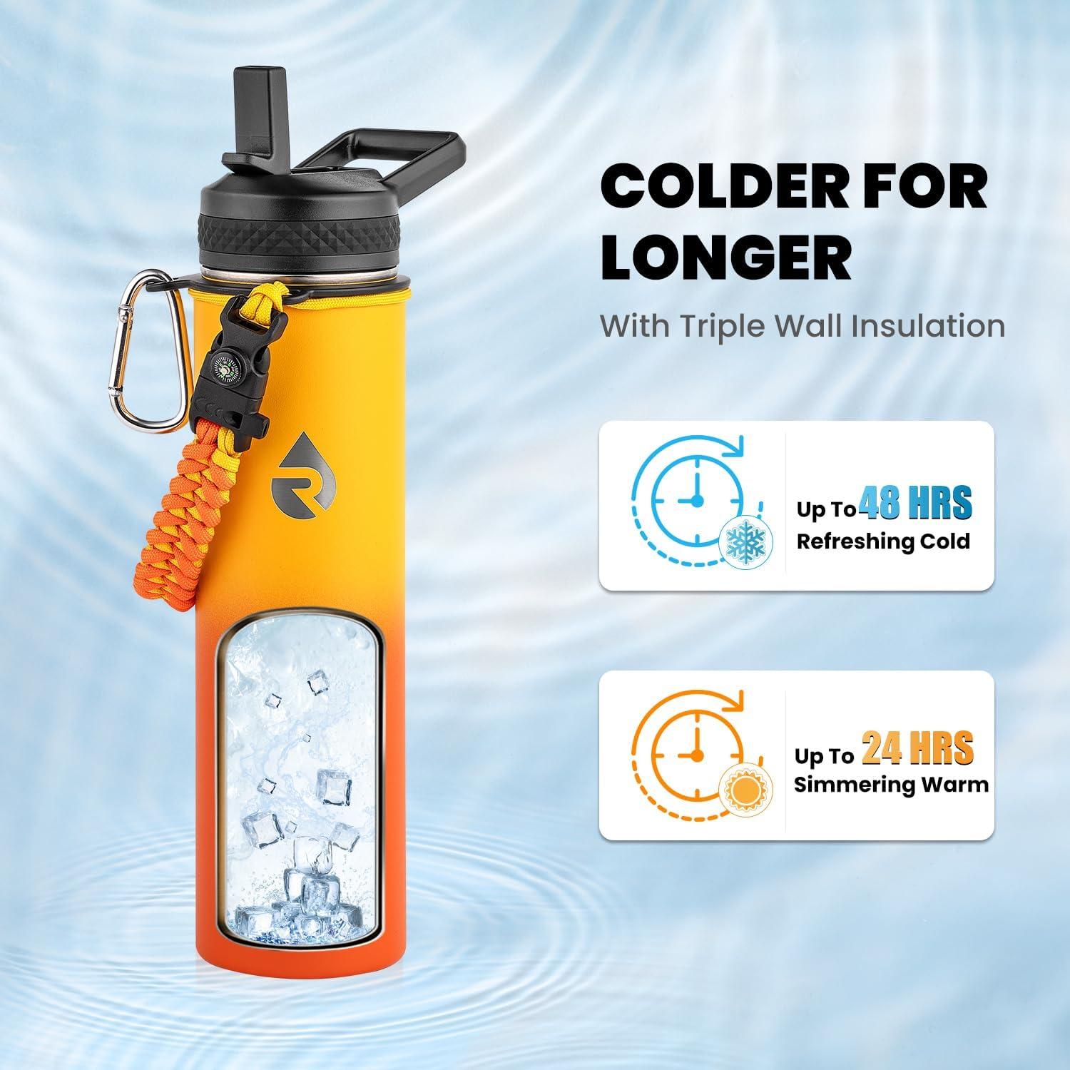 imageInsulated Water Bottle 64 oz Triple Wall Vacuum Stainless Steel Cold for 48 Hrs Leak Proof ampamp NonBPA Half Gallon Water Flask Jug with Paracord Handle ampamp Straw Spout LidsOmbre Orange