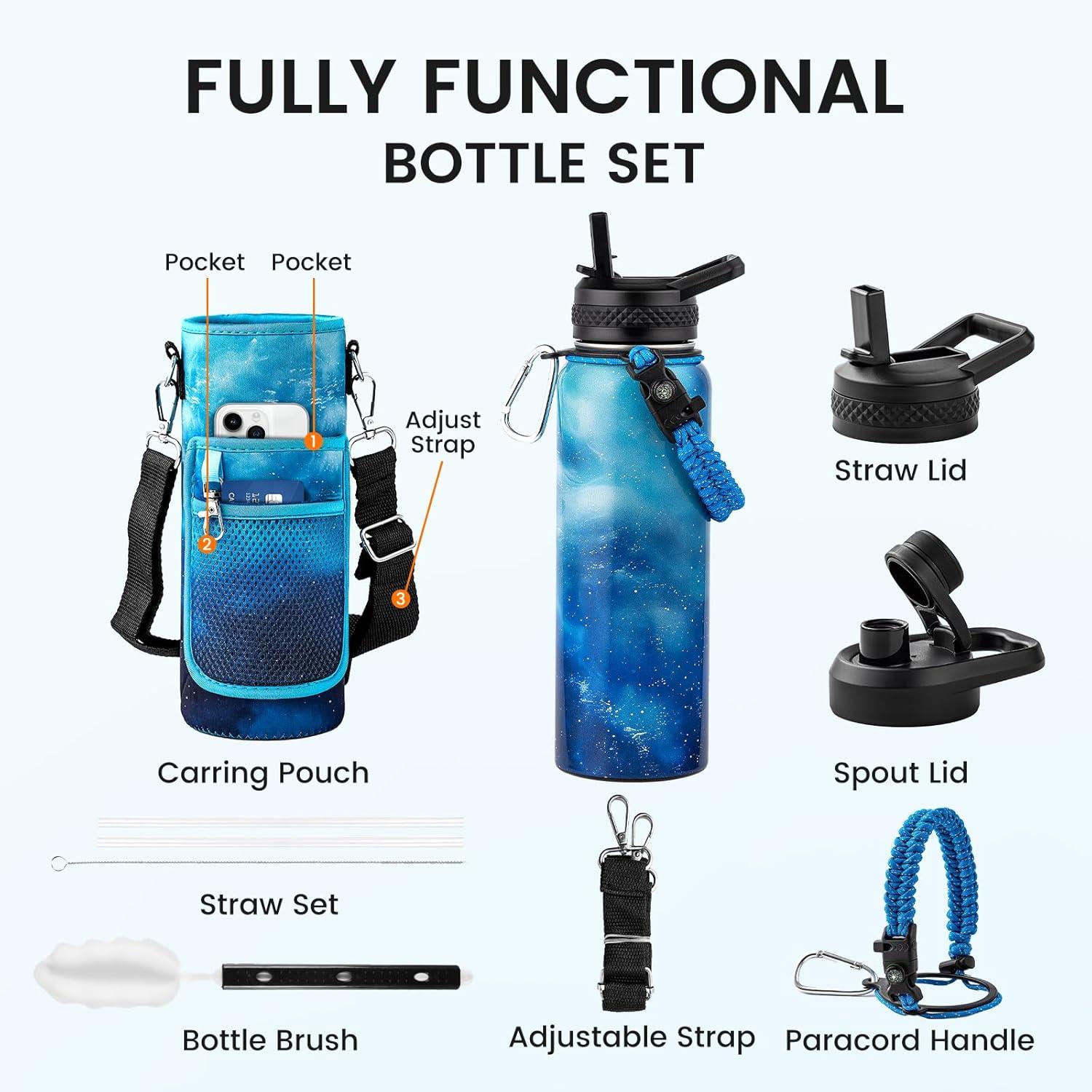 imageInsulated Water Bottle 64 oz Triple Wall Vacuum Stainless Steel Cold for 48 Hrs Leak Proof ampamp NonBPA Half Gallon Water Flask Jug with Paracord Handle ampamp Straw Spout LidsAuroraBlue