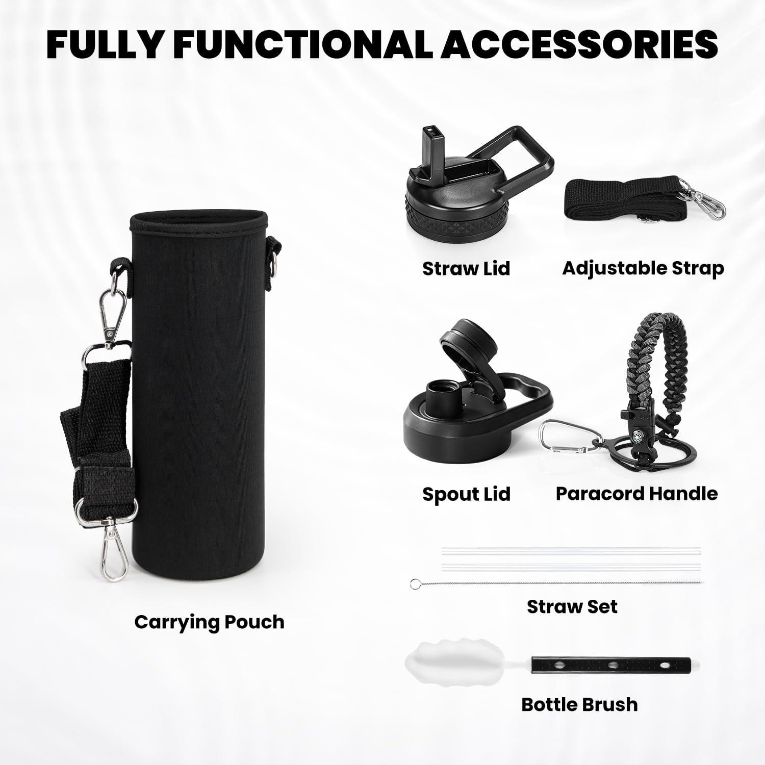 imageInsulated Water Bottle 64 oz Triple Wall Vacuum Stainless Steel Cold for 48 Hrs Leak Proof ampamp NonBPA Half Gallon Water Flask Jug with Paracord Handle ampamp Straw Spout LidsDark Gray