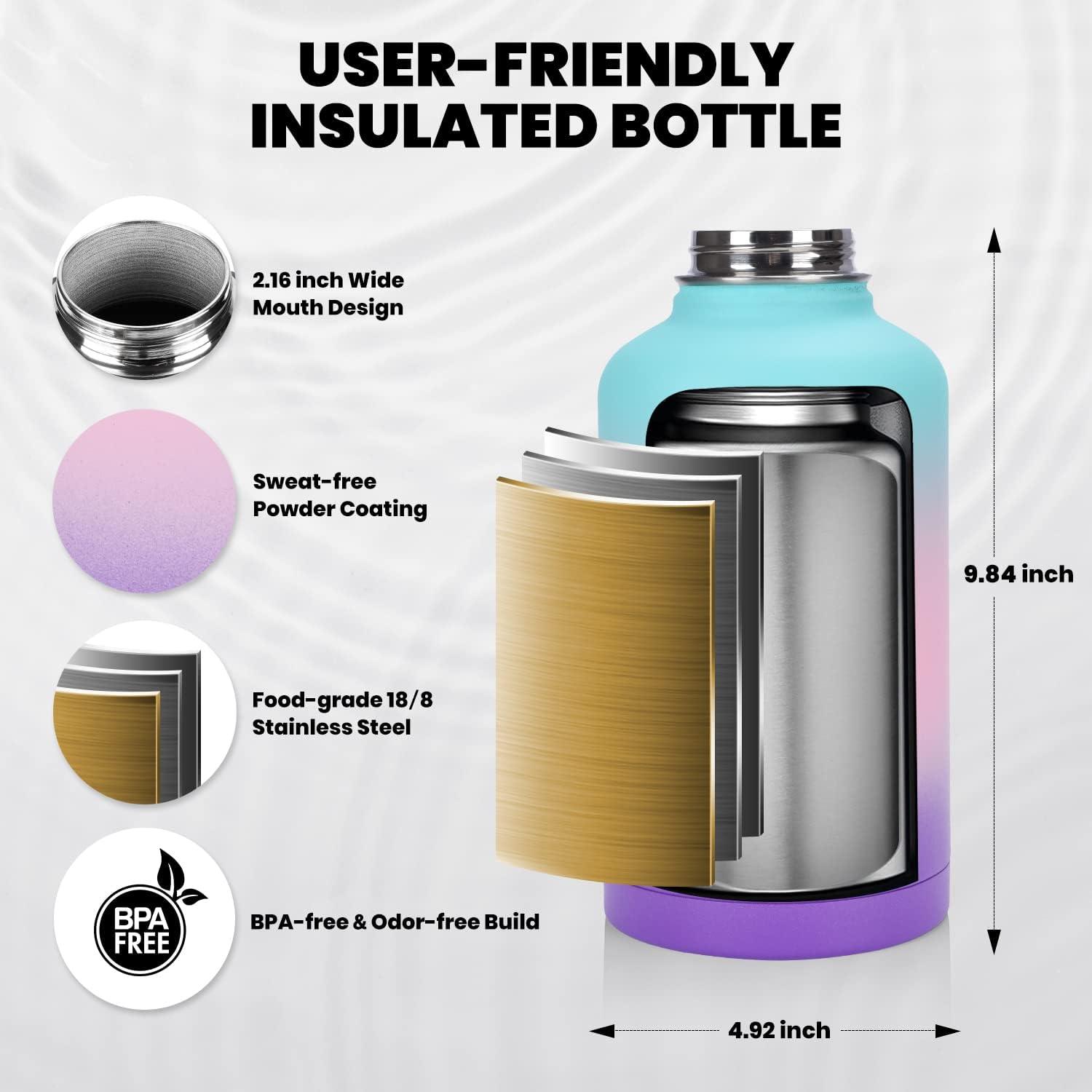 imageInsulated Water Bottle 64 oz Triple Wall Vacuum Stainless Steel Cold for 48 Hrs Leak Proof ampamp NonBPA Half Gallon Water Flask Jug with Paracord Handle ampamp Straw Spout LidsHydrangea