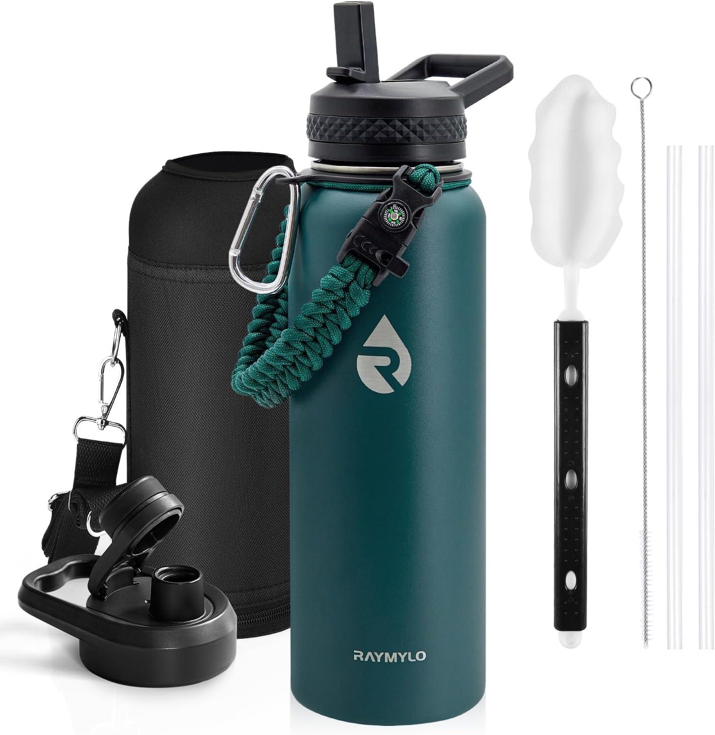 imageInsulated Water Bottle 64 oz Triple Wall Vacuum Stainless Steel Cold for 48 Hrs Leak Proof ampamp NonBPA Half Gallon Water Flask Jug with Paracord Handle ampamp Straw Spout LidsDark Green
