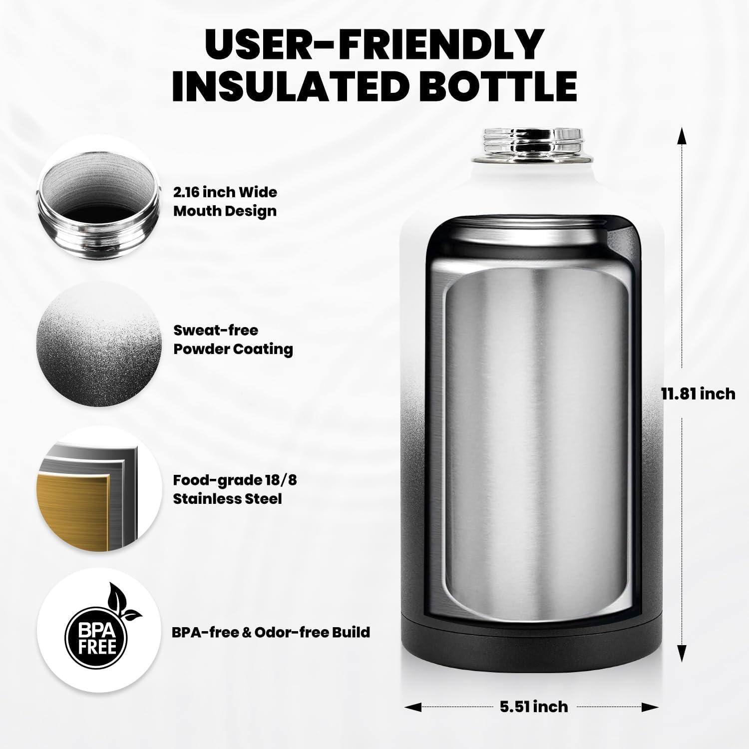imageInsulated Water Bottle 64 oz Triple Wall Vacuum Stainless Steel Cold for 48 Hrs Leak Proof ampamp NonBPA Half Gallon Water Flask Jug with Paracord Handle ampamp Straw Spout LidsOmbre WhiteBlack
