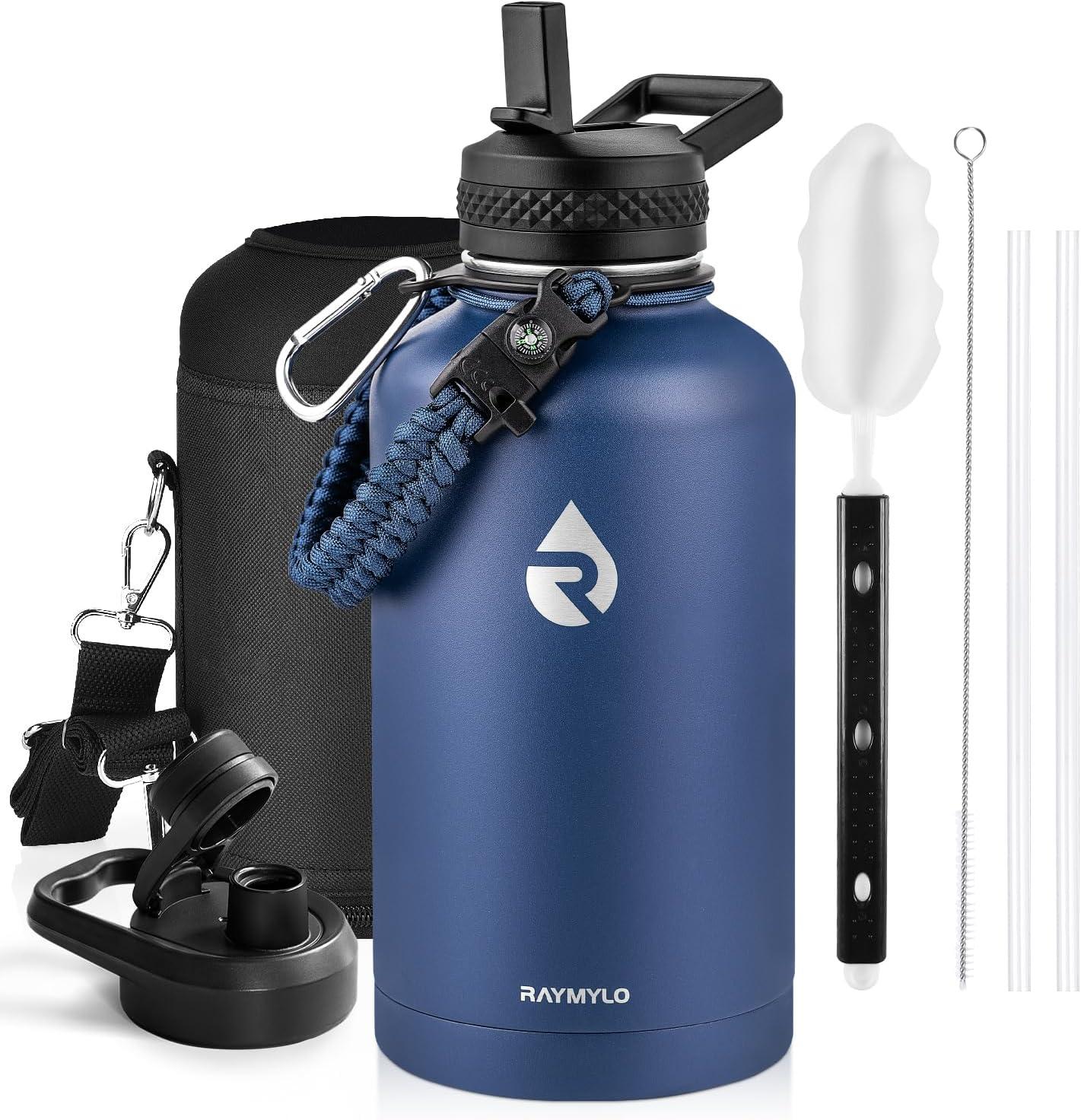 imageInsulated Water Bottle 64 oz Triple Wall Vacuum Stainless Steel Cold for 48 Hrs Leak Proof ampamp NonBPA Half Gallon Water Flask Jug with Paracord Handle ampamp Straw Spout LidsNavy Blue