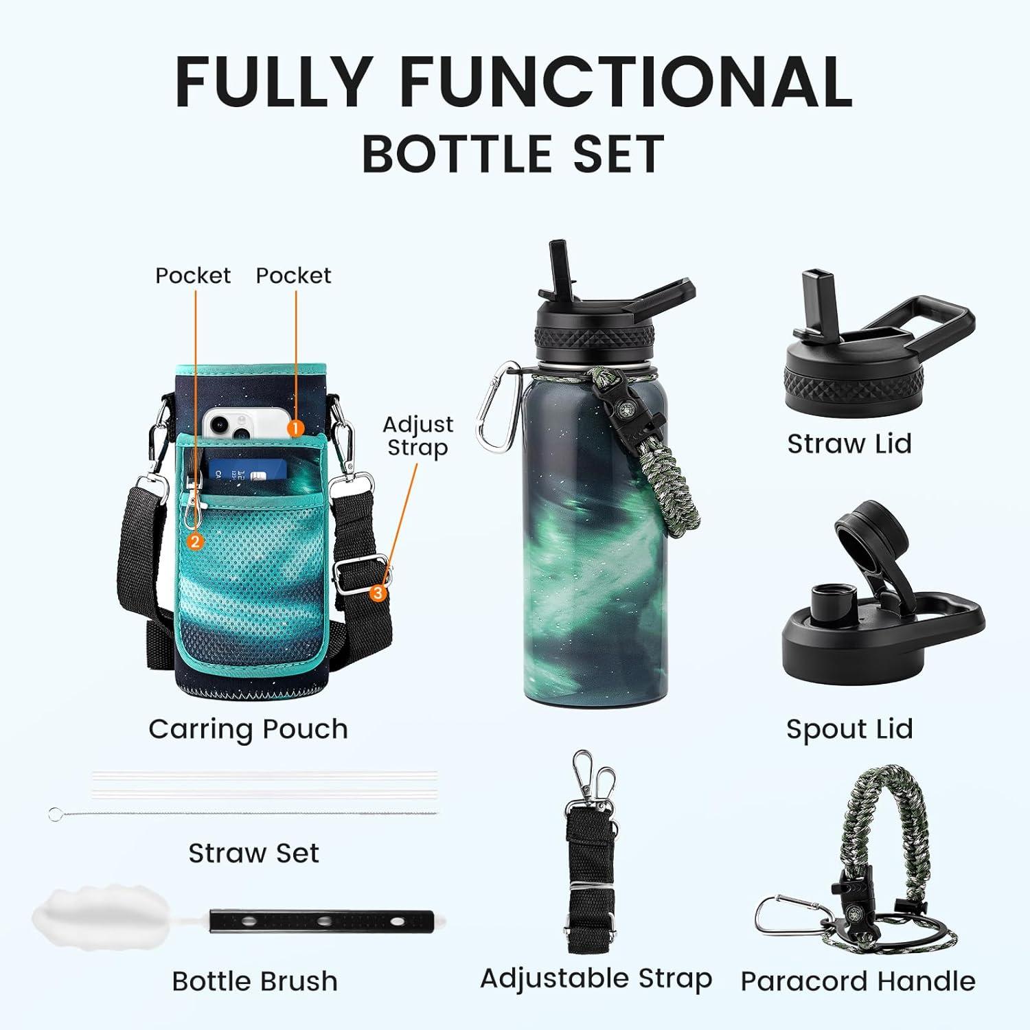 imageInsulated Water Bottle 64 oz Triple Wall Vacuum Stainless Steel Cold for 48 Hrs Leak Proof ampamp NonBPA Half Gallon Water Flask Jug with Paracord Handle ampamp Straw Spout LidsAuroraGreen
