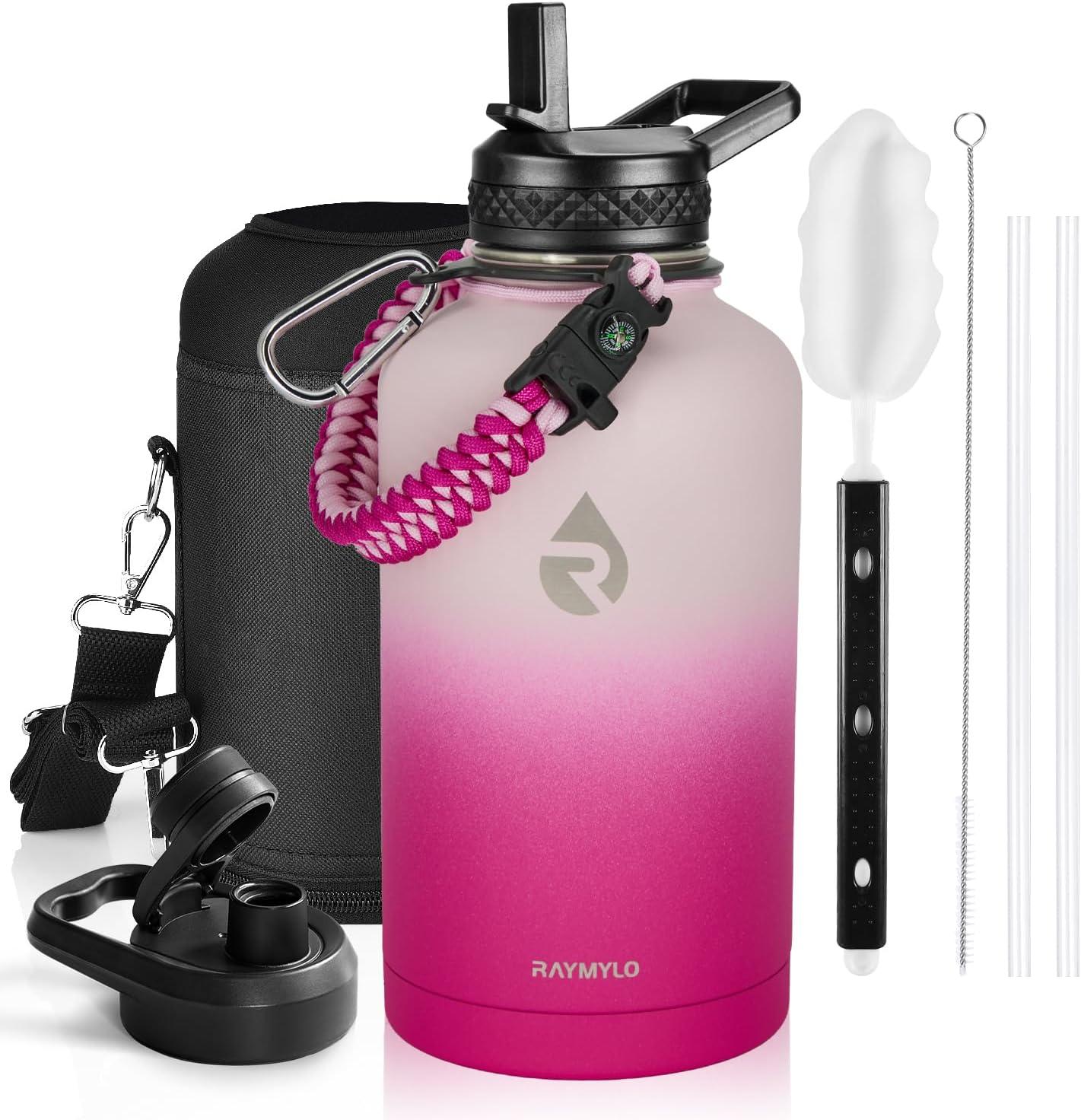 imageInsulated Water Bottle 64 oz Triple Wall Vacuum Stainless Steel Cold for 48 Hrs Leak Proof ampamp NonBPA Half Gallon Water Flask Jug with Paracord Handle ampamp Straw Spout LidsOmbre Pink