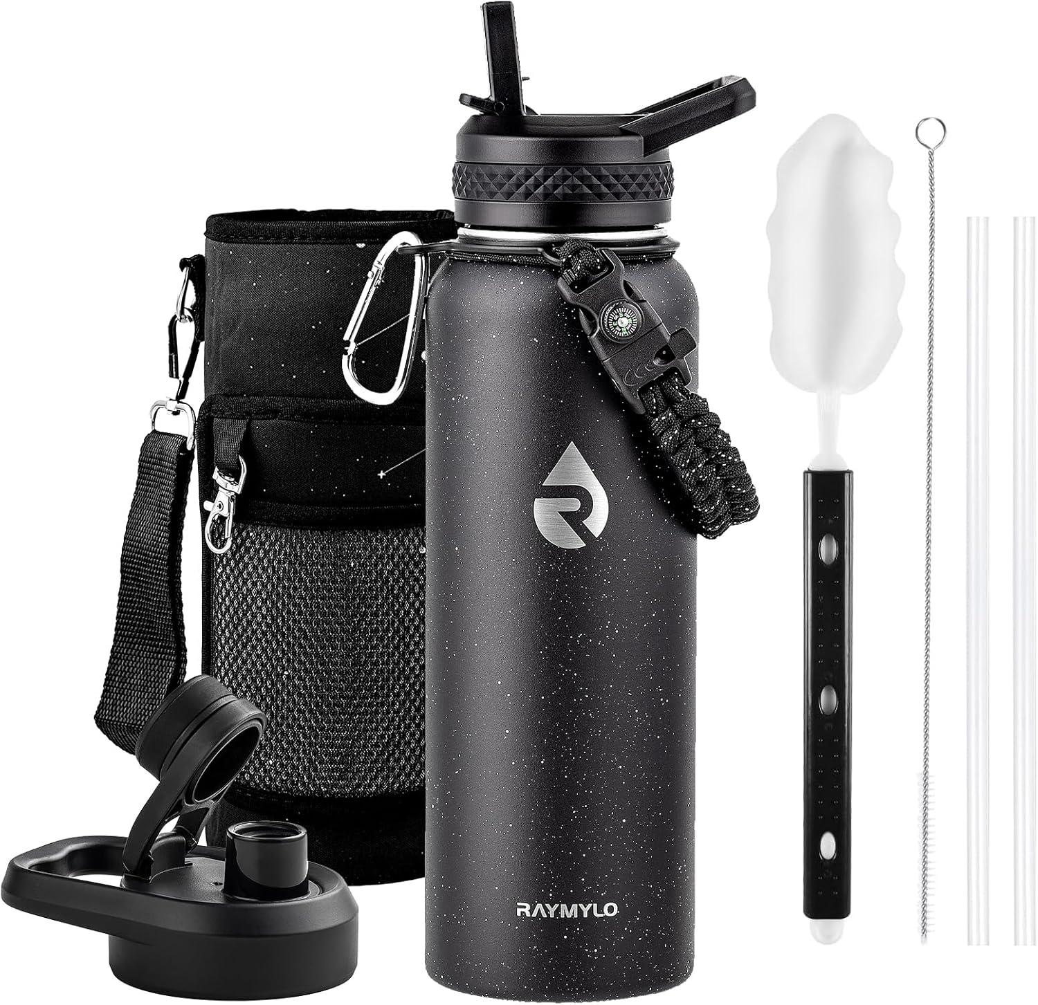 imageInsulated Water Bottle 64 oz Triple Wall Vacuum Stainless Steel Cold for 48 Hrs Leak Proof ampamp NonBPA Half Gallon Water Flask Jug with Paracord Handle ampamp Straw Spout LidsStarry SkyBlack
