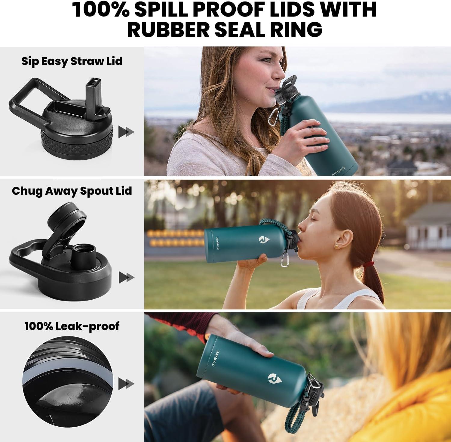 imageInsulated Water Bottle 64 oz Triple Wall Vacuum Stainless Steel Cold for 48 Hrs Leak Proof ampamp NonBPA Half Gallon Water Flask Jug with Paracord Handle ampamp Straw Spout LidsDark Green