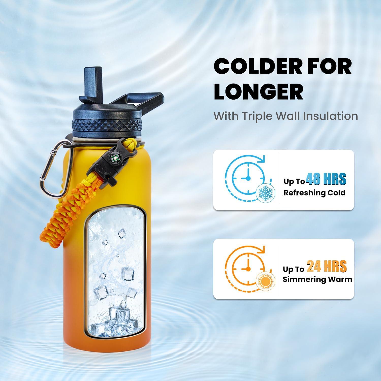 imageInsulated Water Bottle 64 oz Triple Wall Vacuum Stainless Steel Cold for 48 Hrs Leak Proof ampamp NonBPA Half Gallon Water Flask Jug with Paracord Handle ampamp Straw Spout LidsOmbre Orange
