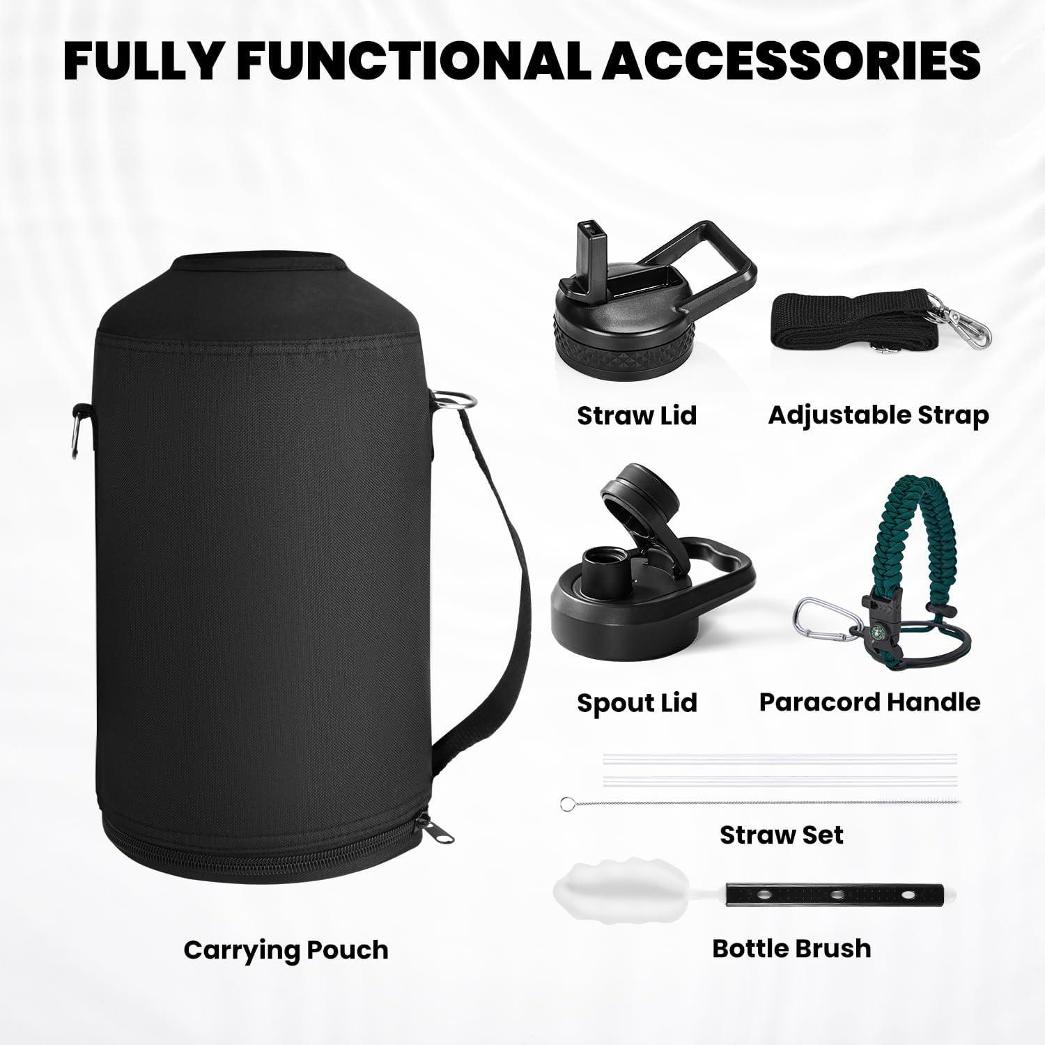 imageInsulated Water Bottle 64 oz Triple Wall Vacuum Stainless Steel Cold for 48 Hrs Leak Proof ampamp NonBPA Half Gallon Water Flask Jug with Paracord Handle ampamp Straw Spout LidsDark Green