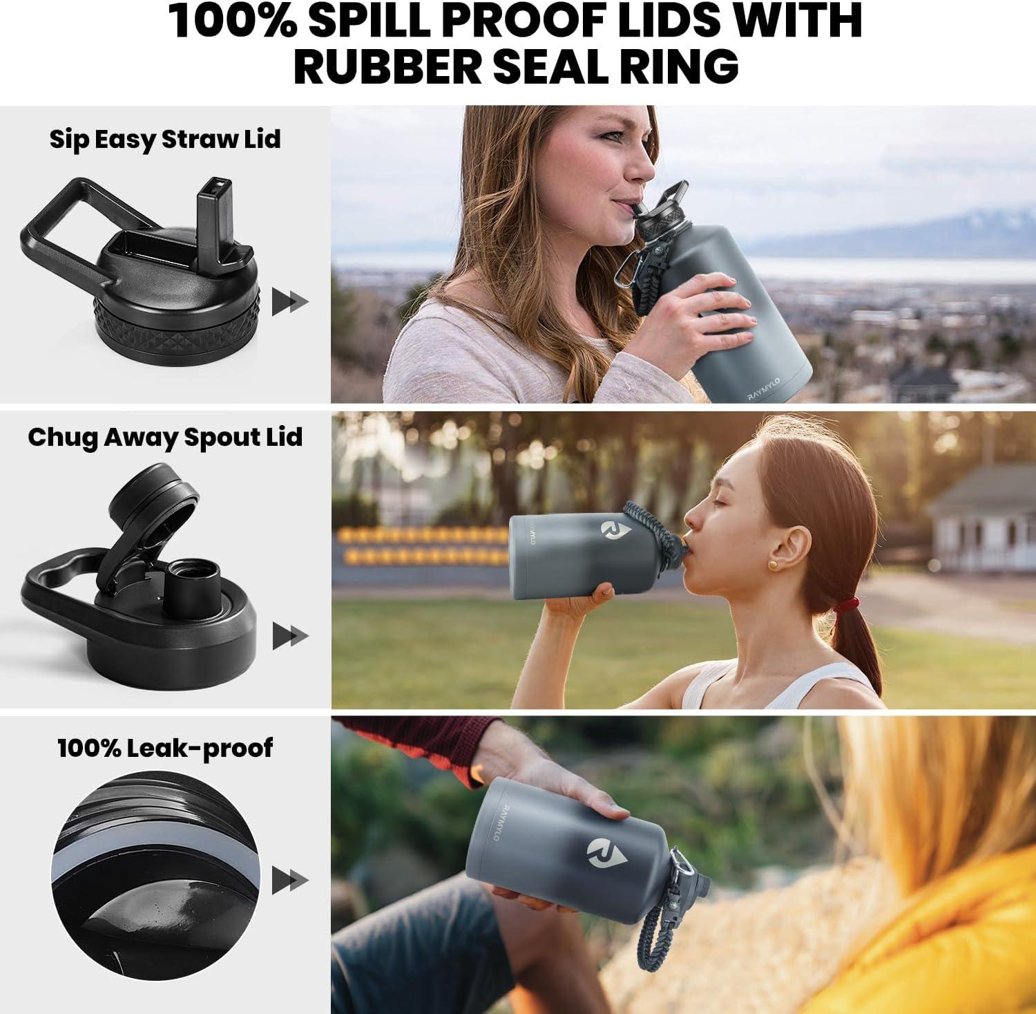 imageInsulated Water Bottle 64 oz Triple Wall Vacuum Stainless Steel Cold for 48 Hrs Leak Proof ampamp NonBPA Half Gallon Water Flask Jug with Paracord Handle ampamp Straw Spout LidsDark Gray