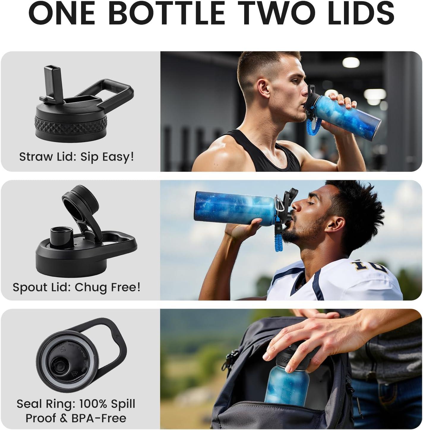 imageInsulated Water Bottle 64 oz Triple Wall Vacuum Stainless Steel Cold for 48 Hrs Leak Proof ampamp NonBPA Half Gallon Water Flask Jug with Paracord Handle ampamp Straw Spout LidsAuroraBlue