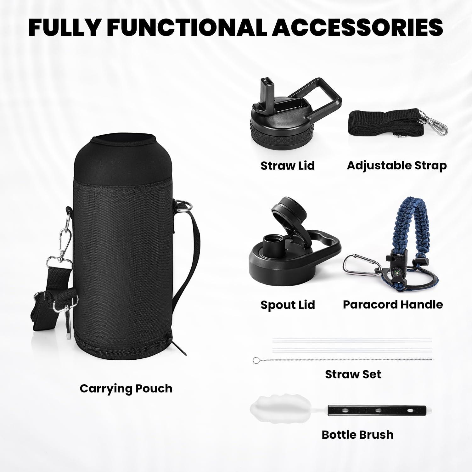 imageInsulated Water Bottle 64 oz Triple Wall Vacuum Stainless Steel Cold for 48 Hrs Leak Proof ampamp NonBPA Half Gallon Water Flask Jug with Paracord Handle ampamp Straw Spout LidsNavy Blue