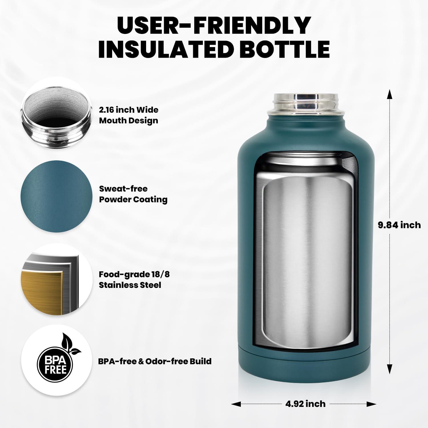 imageInsulated Water Bottle 64 oz Triple Wall Vacuum Stainless Steel Cold for 48 Hrs Leak Proof ampamp NonBPA Half Gallon Water Flask Jug with Paracord Handle ampamp Straw Spout LidsDark Green