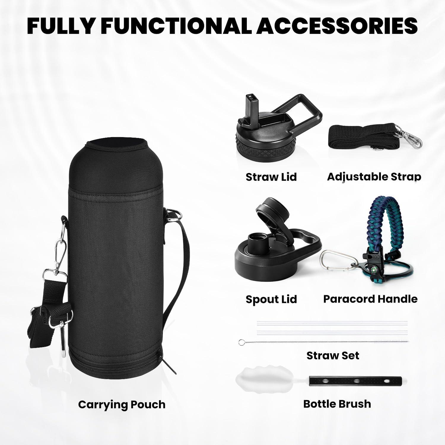 imageInsulated Water Bottle 64 oz Triple Wall Vacuum Stainless Steel Cold for 48 Hrs Leak Proof ampamp NonBPA Half Gallon Water Flask Jug with Paracord Handle ampamp Straw Spout LidsCyan Blue