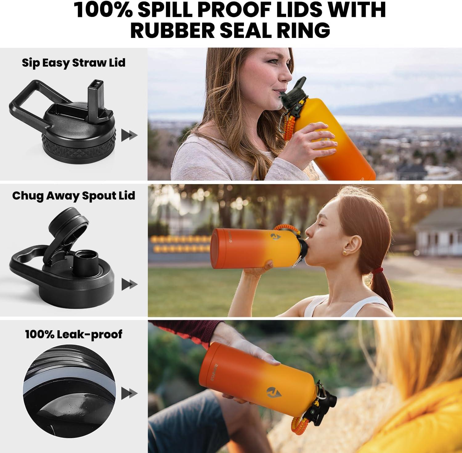 imageInsulated Water Bottle 64 oz Triple Wall Vacuum Stainless Steel Cold for 48 Hrs Leak Proof ampamp NonBPA Half Gallon Water Flask Jug with Paracord Handle ampamp Straw Spout LidsOmbre Orange