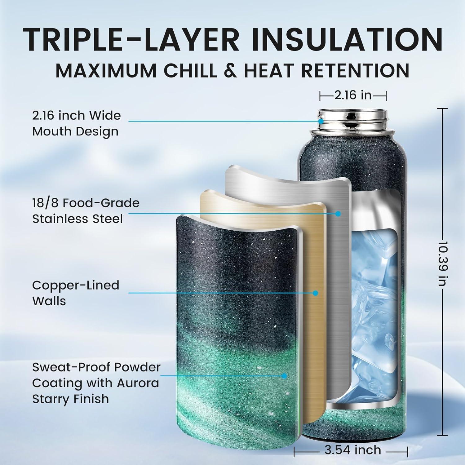 imageInsulated Water Bottle 64 oz Triple Wall Vacuum Stainless Steel Cold for 48 Hrs Leak Proof ampamp NonBPA Half Gallon Water Flask Jug with Paracord Handle ampamp Straw Spout LidsAuroraGreen