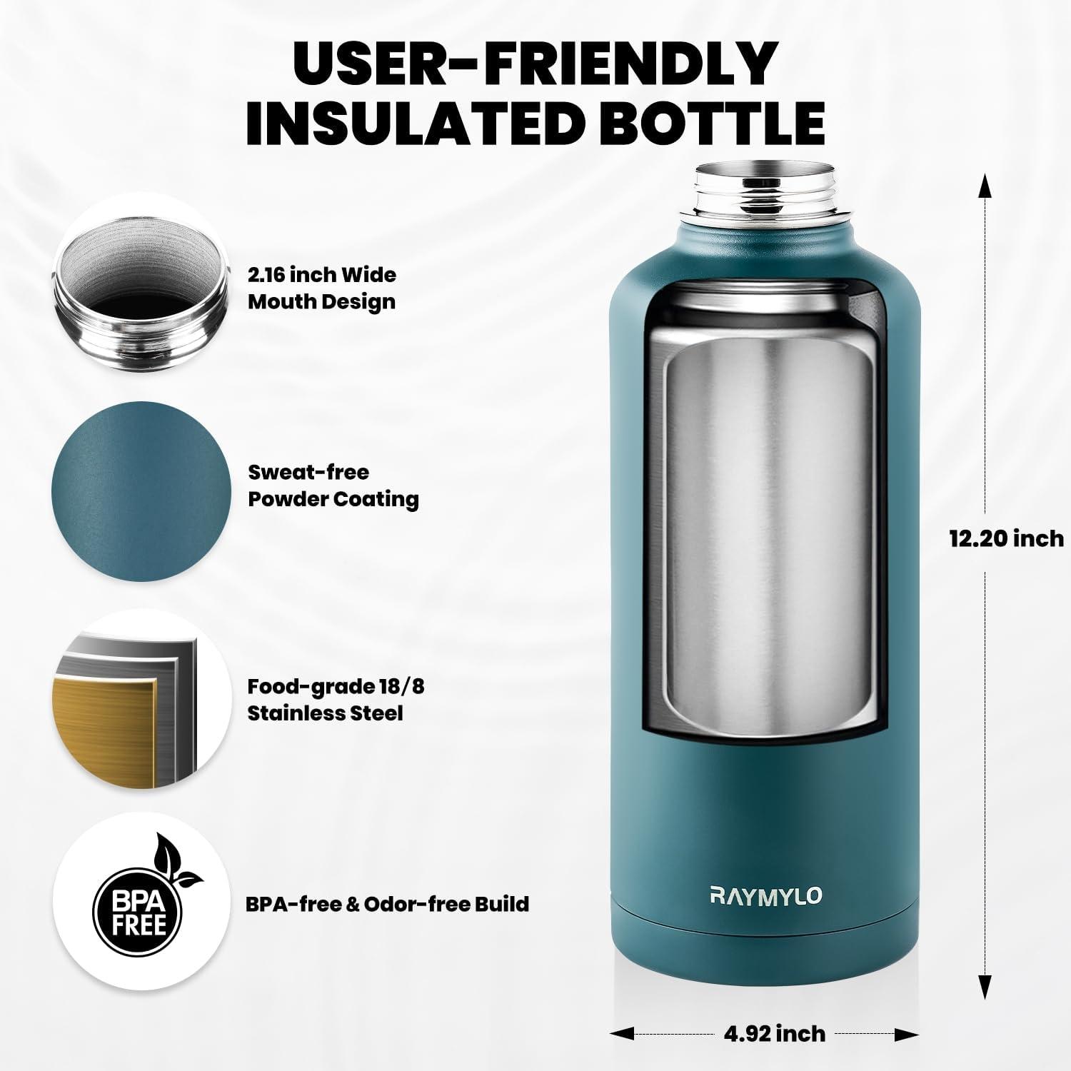 imageInsulated Water Bottle 64 oz Triple Wall Vacuum Stainless Steel Cold for 48 Hrs Leak Proof ampamp NonBPA Half Gallon Water Flask Jug with Paracord Handle ampamp Straw Spout LidsDark Green