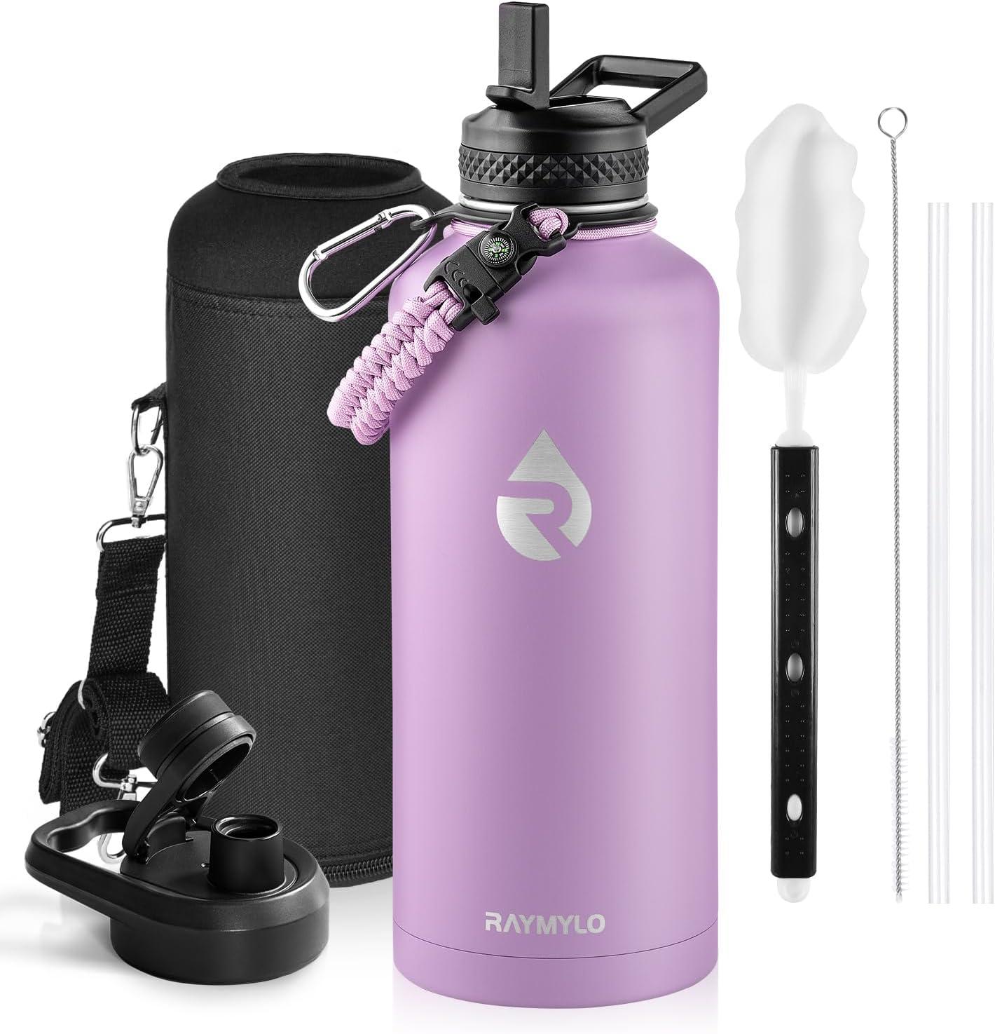imageInsulated Water Bottle 64 oz Triple Wall Vacuum Stainless Steel Cold for 48 Hrs Leak Proof ampamp NonBPA Half Gallon Water Flask Jug with Paracord Handle ampamp Straw Spout LidsLilac