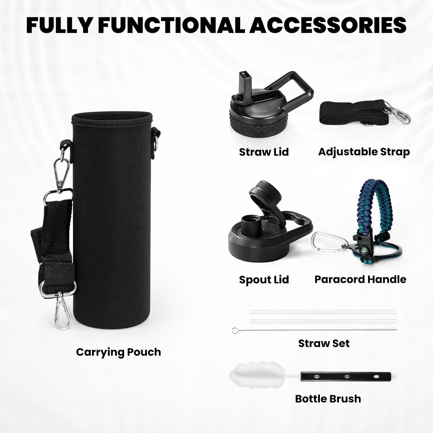 imageInsulated Water Bottle 64 oz Triple Wall Vacuum Stainless Steel Cold for 48 Hrs Leak Proof ampamp NonBPA Half Gallon Water Flask Jug with Paracord Handle ampamp Straw Spout LidsCyan Blue