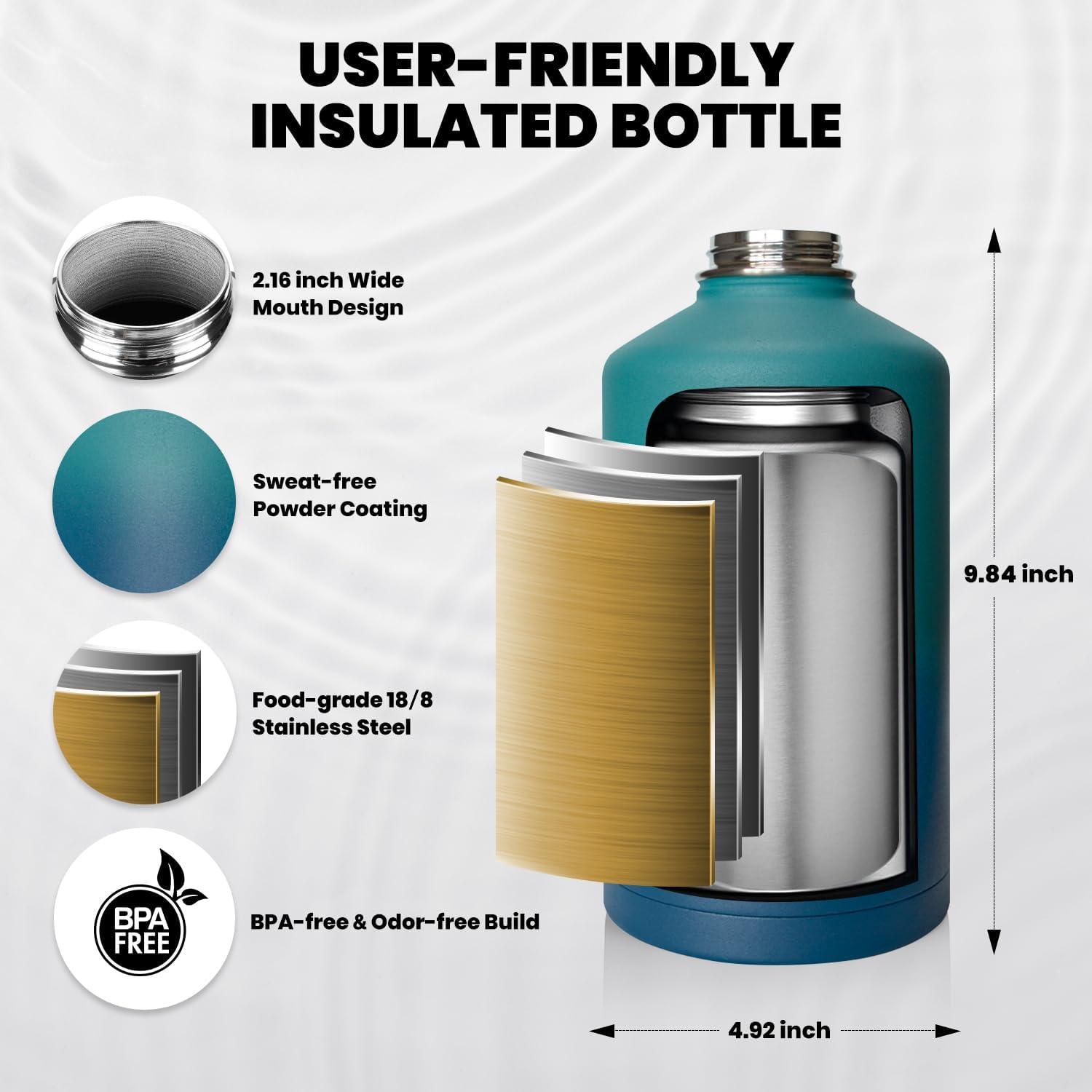 imageInsulated Water Bottle 64 oz Triple Wall Vacuum Stainless Steel Cold for 48 Hrs Leak Proof ampamp NonBPA Half Gallon Water Flask Jug with Paracord Handle ampamp Straw Spout LidsCyan Blue