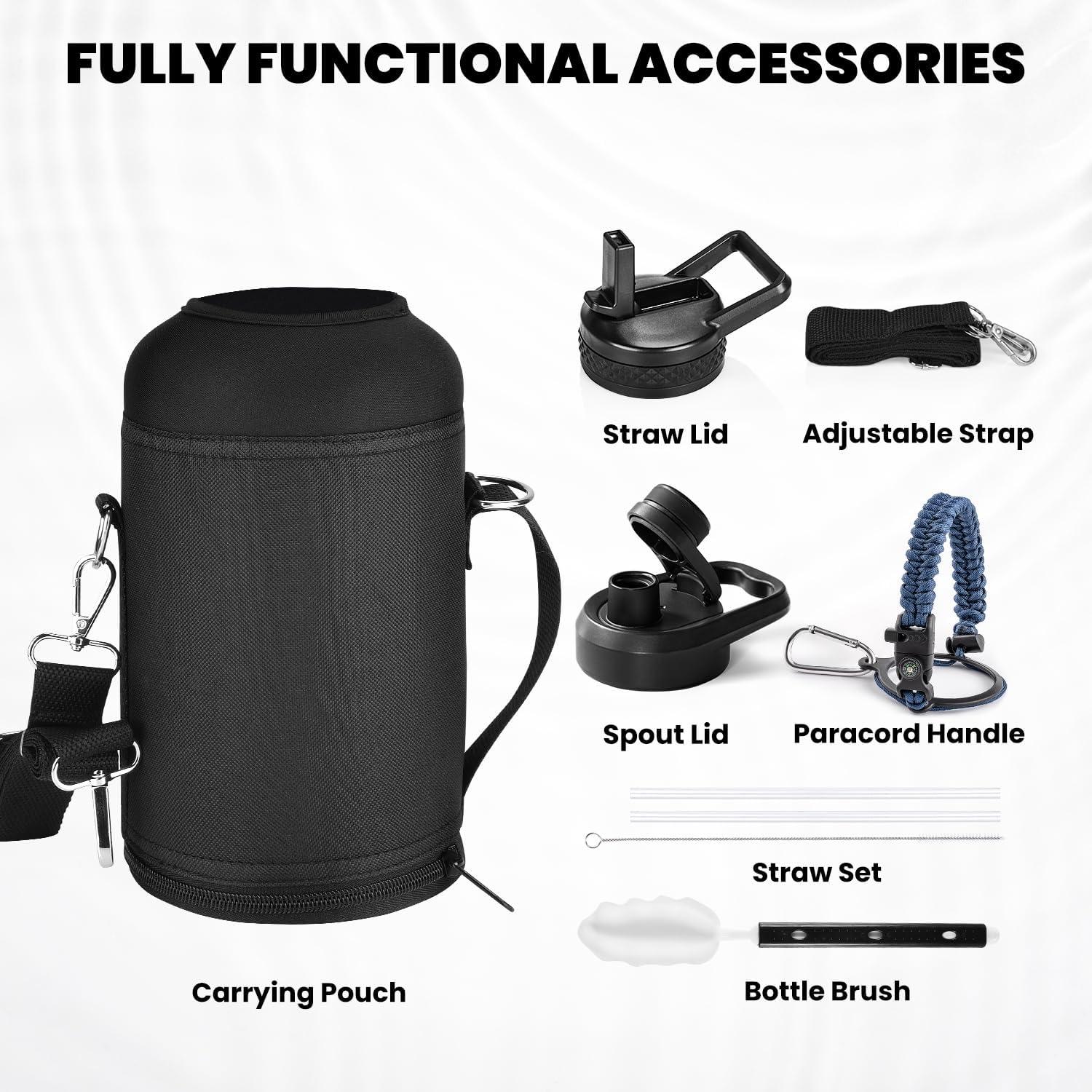 imageInsulated Water Bottle 64 oz Triple Wall Vacuum Stainless Steel Cold for 48 Hrs Leak Proof ampamp NonBPA Half Gallon Water Flask Jug with Paracord Handle ampamp Straw Spout LidsNavy Blue