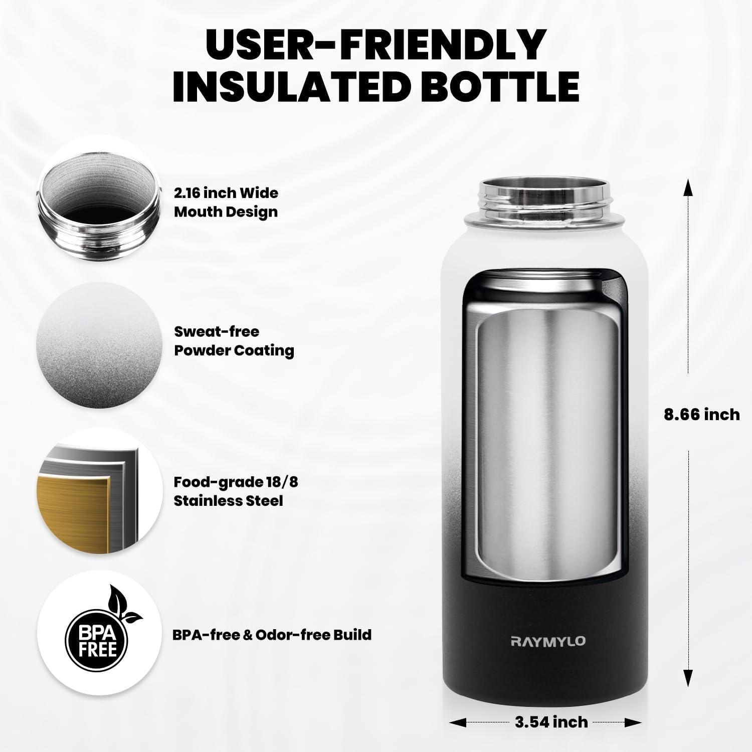 imageInsulated Water Bottle 64 oz Triple Wall Vacuum Stainless Steel Cold for 48 Hrs Leak Proof ampamp NonBPA Half Gallon Water Flask Jug with Paracord Handle ampamp Straw Spout LidsOmbre WhiteBlack