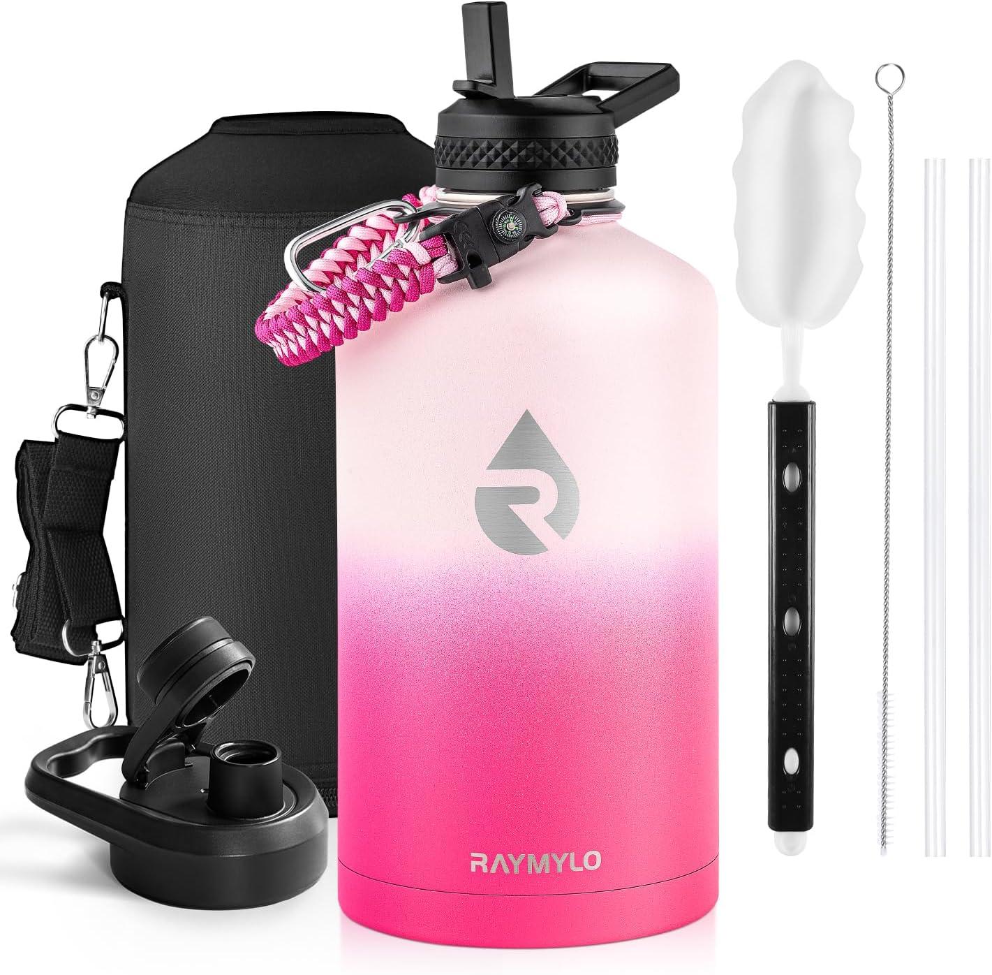 imageInsulated Water Bottle 64 oz Triple Wall Vacuum Stainless Steel Cold for 48 Hrs Leak Proof ampamp NonBPA Half Gallon Water Flask Jug with Paracord Handle ampamp Straw Spout LidsOmbre Pink