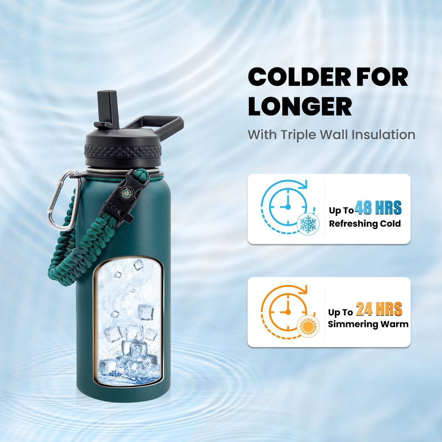 imageInsulated Water Bottle 64 oz Triple Wall Vacuum Stainless Steel Cold for 48 Hrs Leak Proof ampamp NonBPA Half Gallon Water Flask Jug with Paracord Handle ampamp Straw Spout LidsDark Green
