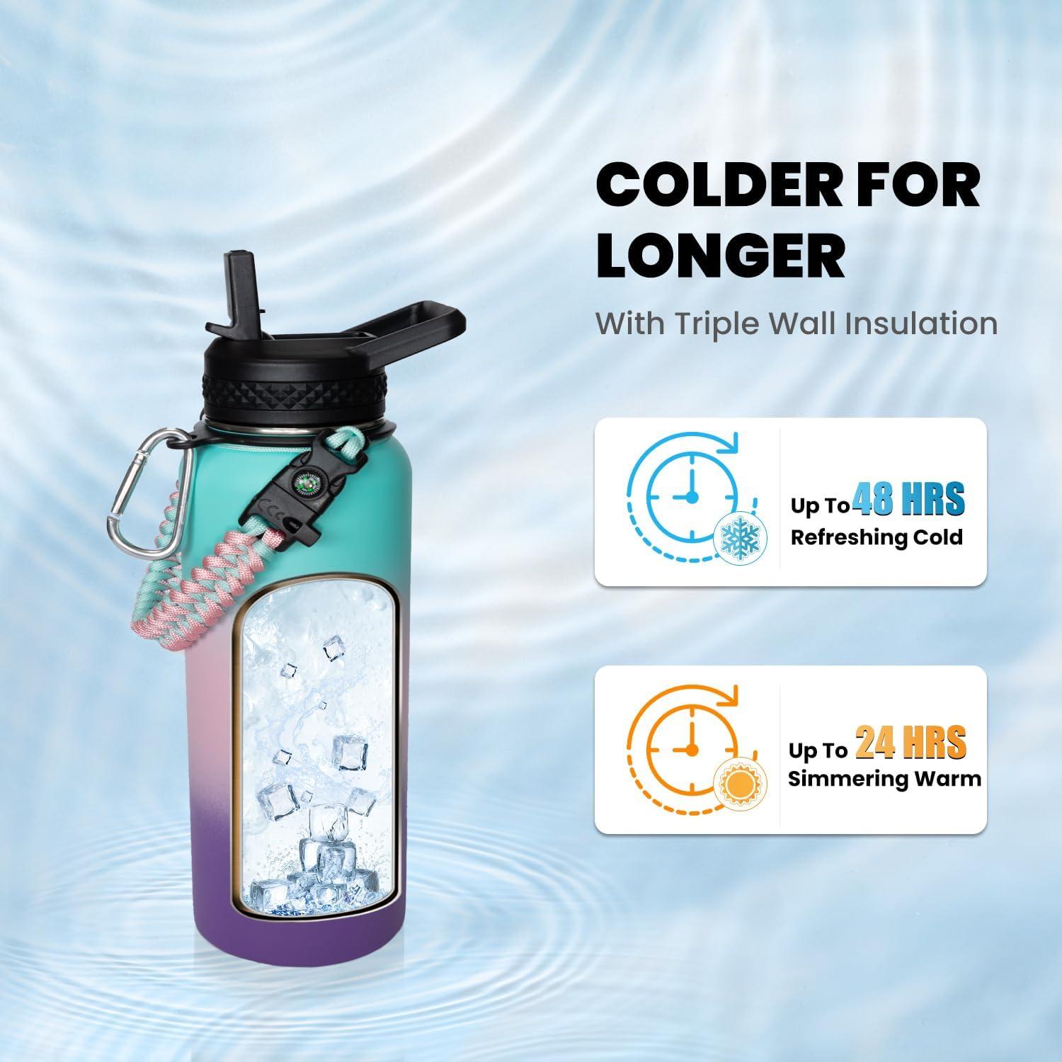 imageInsulated Water Bottle 64 oz Triple Wall Vacuum Stainless Steel Cold for 48 Hrs Leak Proof ampamp NonBPA Half Gallon Water Flask Jug with Paracord Handle ampamp Straw Spout LidsHydrangea
