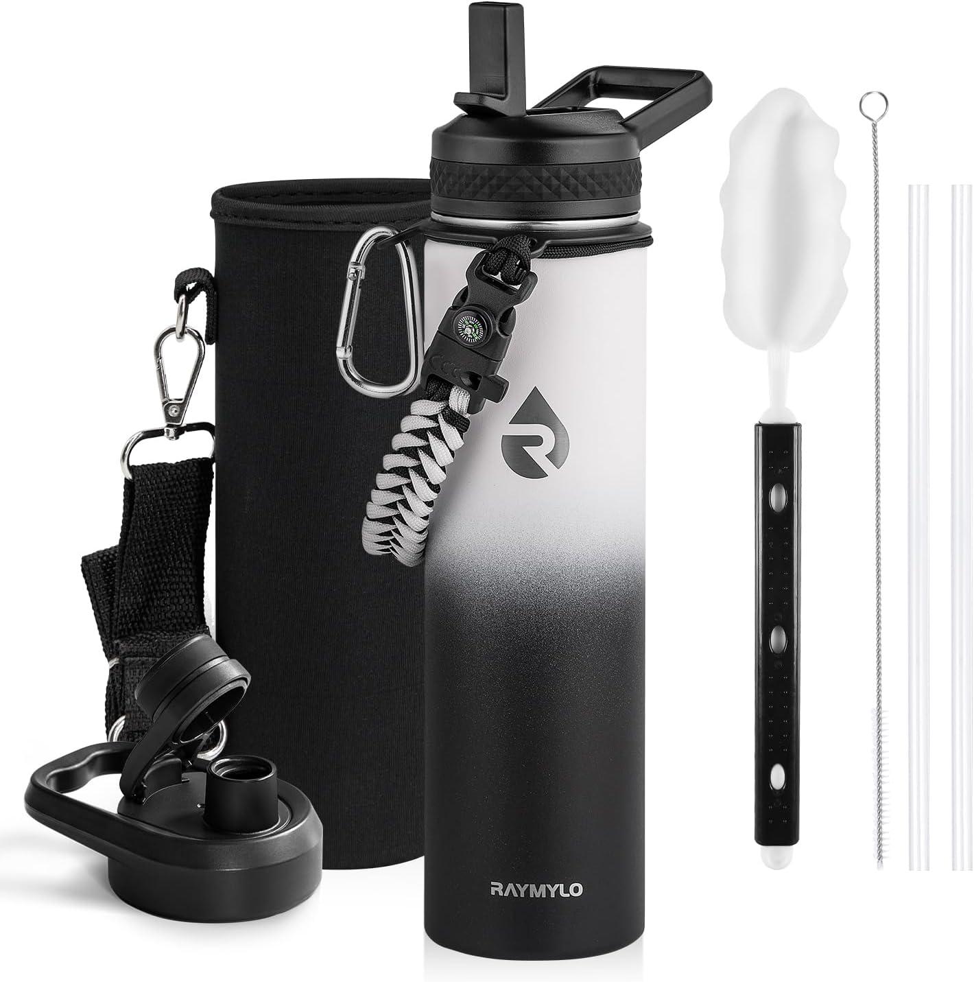 imageInsulated Water Bottle 64 oz Triple Wall Vacuum Stainless Steel Cold for 48 Hrs Leak Proof ampamp NonBPA Half Gallon Water Flask Jug with Paracord Handle ampamp Straw Spout LidsOmbre WhiteBlack