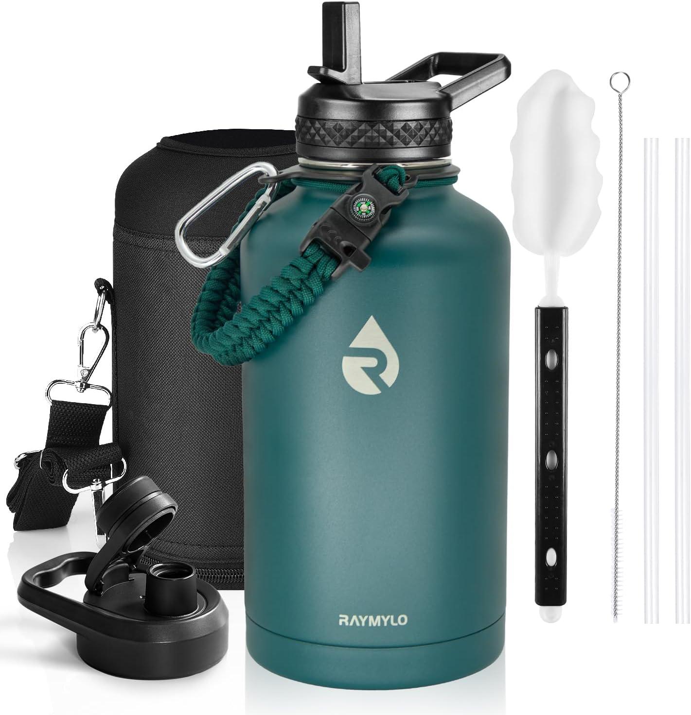 imageInsulated Water Bottle 64 oz Triple Wall Vacuum Stainless Steel Cold for 48 Hrs Leak Proof ampamp NonBPA Half Gallon Water Flask Jug with Paracord Handle ampamp Straw Spout LidsDark Green