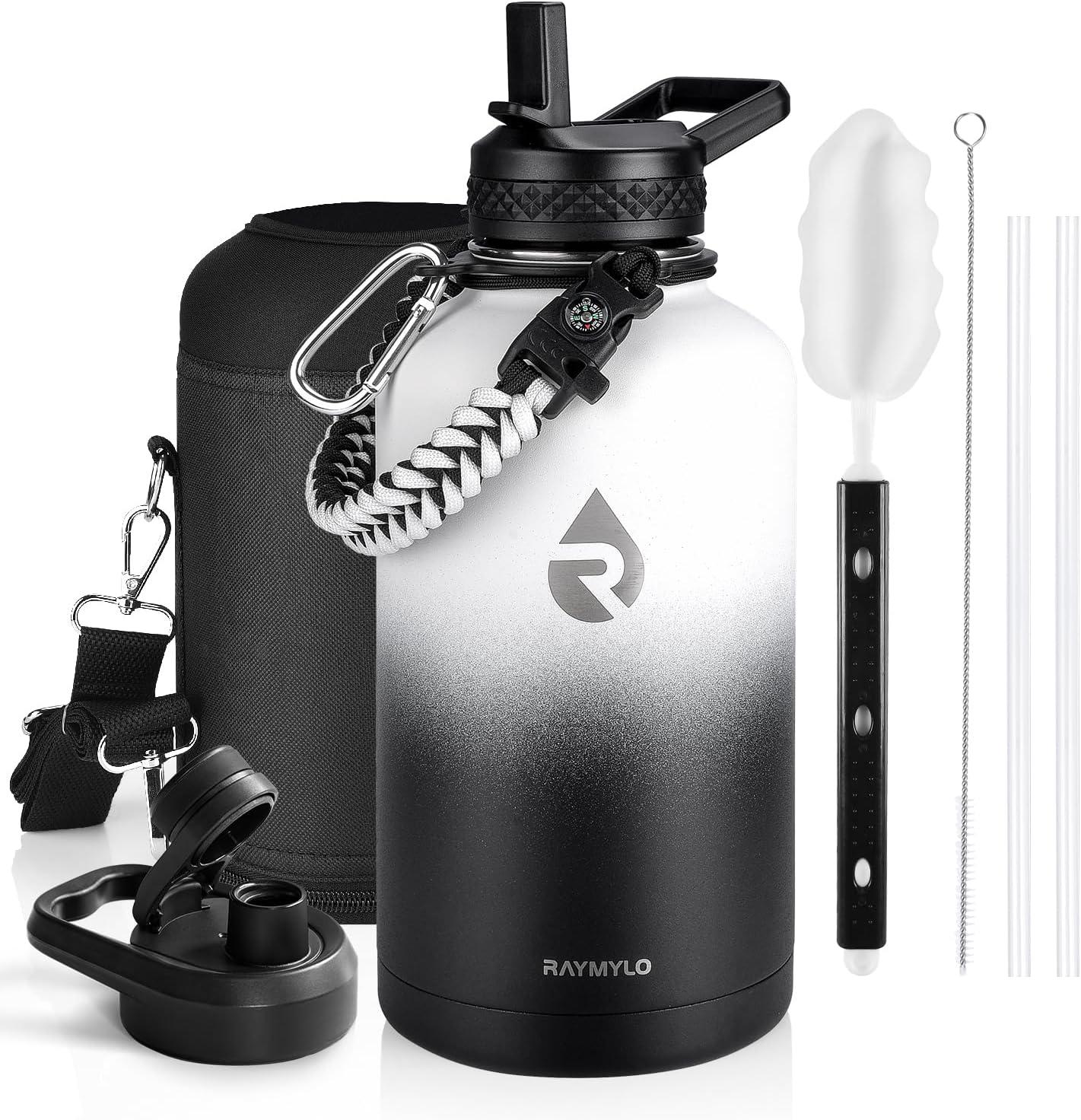 imageInsulated Water Bottle 64 oz Triple Wall Vacuum Stainless Steel Cold for 48 Hrs Leak Proof ampamp NonBPA Half Gallon Water Flask Jug with Paracord Handle ampamp Straw Spout LidsOmbre WhiteBlack