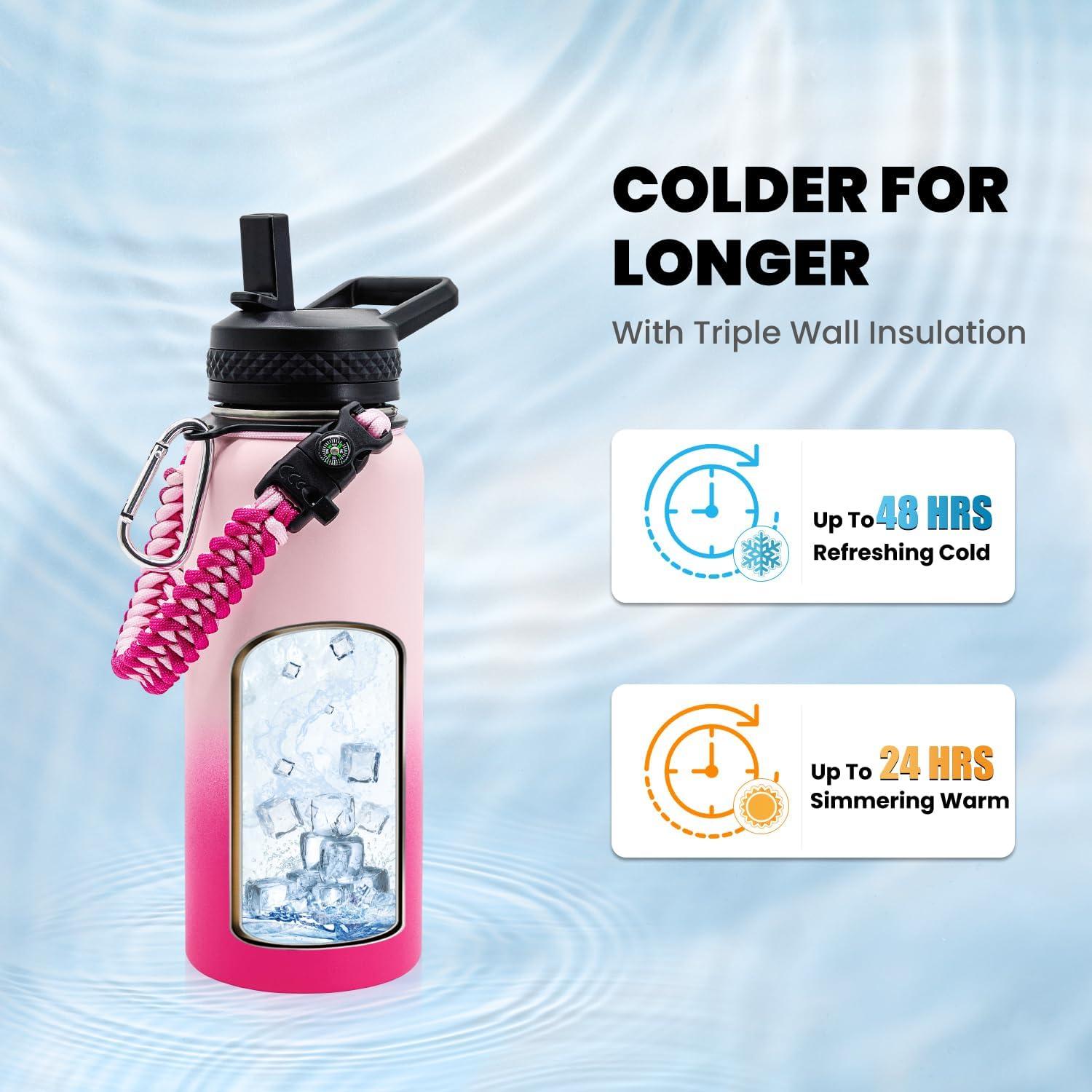 imageInsulated Water Bottle 64 oz Triple Wall Vacuum Stainless Steel Cold for 48 Hrs Leak Proof ampamp NonBPA Half Gallon Water Flask Jug with Paracord Handle ampamp Straw Spout LidsOmbre Pink