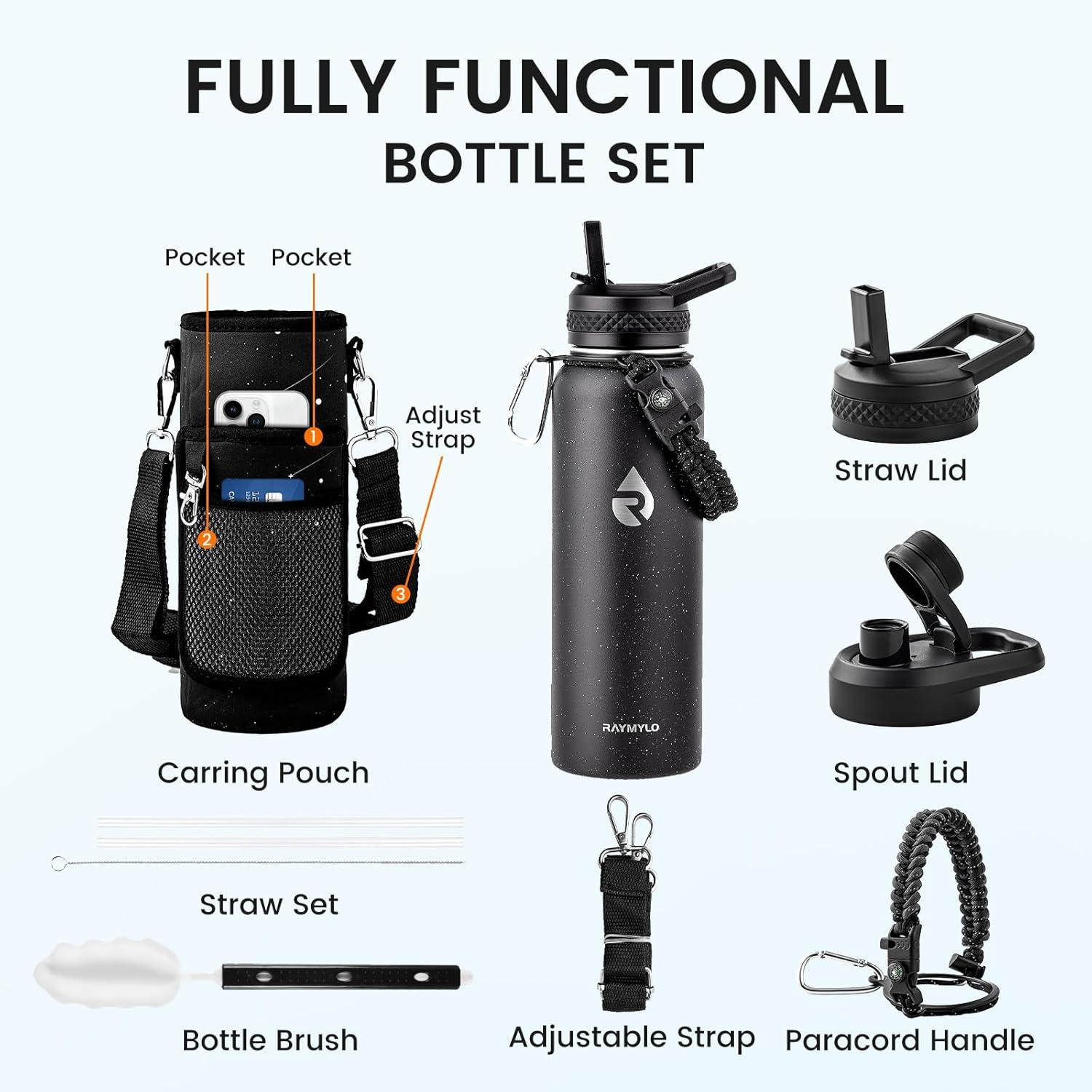 imageInsulated Water Bottle 64 oz Triple Wall Vacuum Stainless Steel Cold for 48 Hrs Leak Proof ampamp NonBPA Half Gallon Water Flask Jug with Paracord Handle ampamp Straw Spout LidsStarry SkyBlack