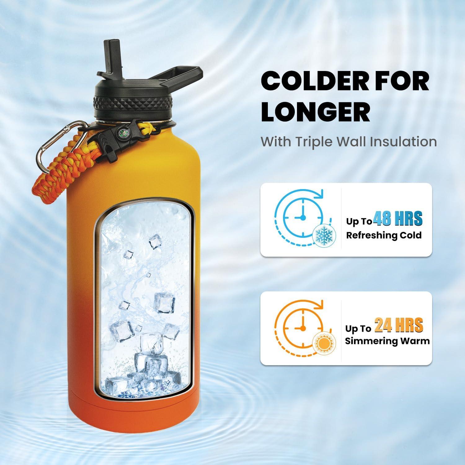 imageInsulated Water Bottle 64 oz Triple Wall Vacuum Stainless Steel Cold for 48 Hrs Leak Proof ampamp NonBPA Half Gallon Water Flask Jug with Paracord Handle ampamp Straw Spout LidsOmbre Orange