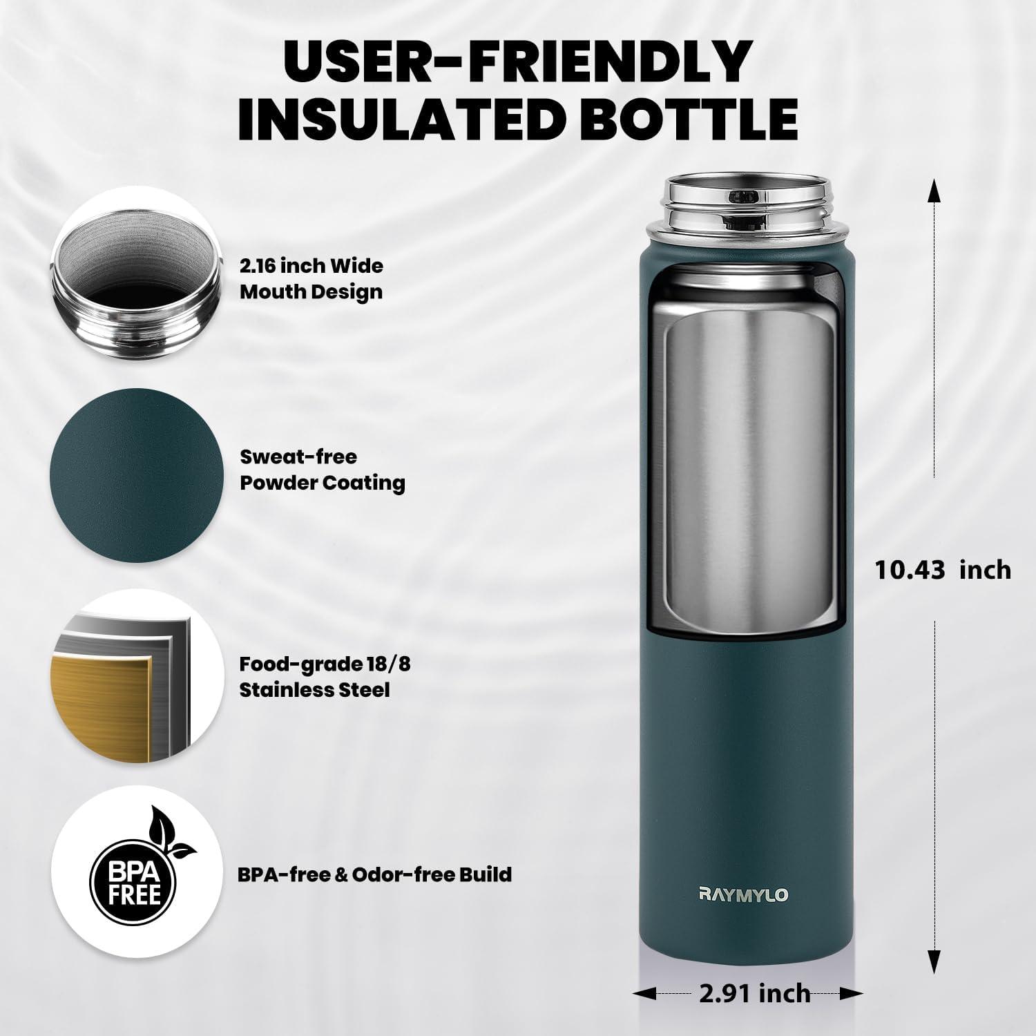 imageInsulated Water Bottle 64 oz Triple Wall Vacuum Stainless Steel Cold for 48 Hrs Leak Proof ampamp NonBPA Half Gallon Water Flask Jug with Paracord Handle ampamp Straw Spout LidsDark Green